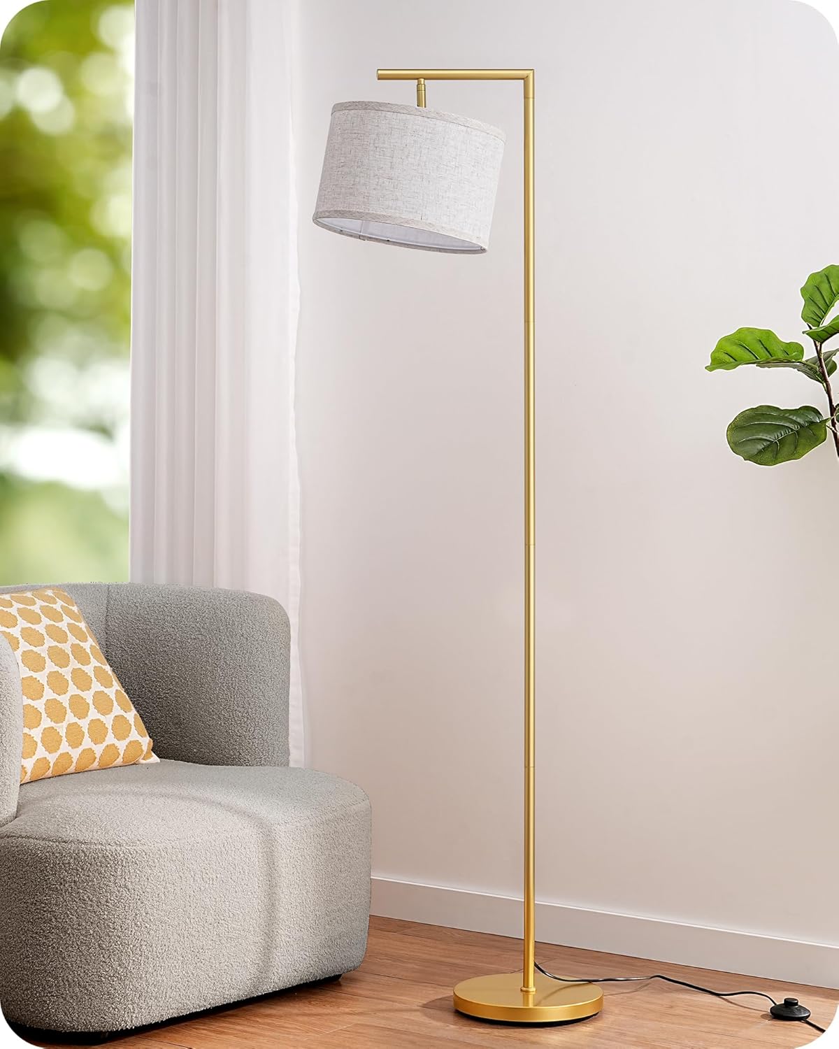 Thumbnail 6 de EDISHINE Lampada da Terra con Paralume in Lino, Arco Orientabile e Lampadina Inclusa - Oro