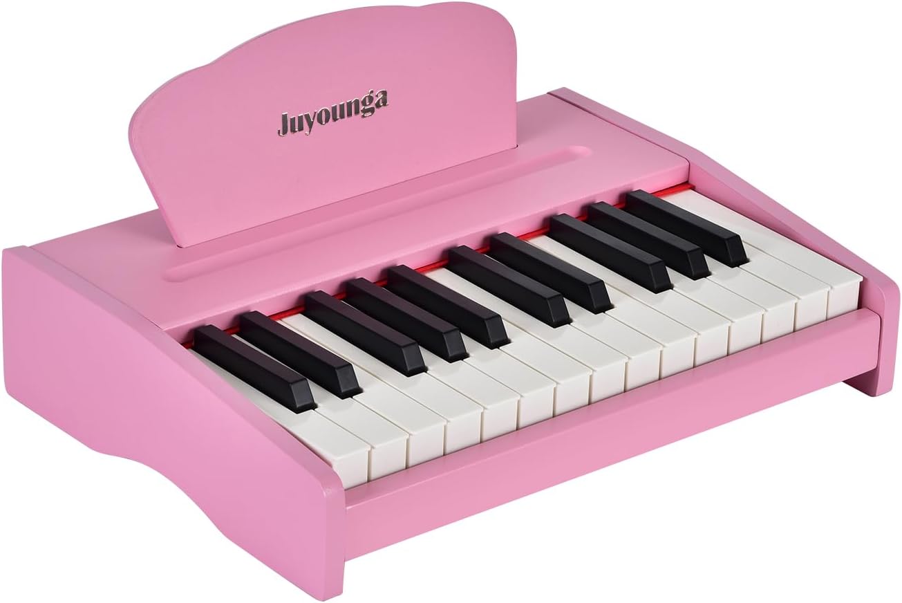 Detalle 2 de Kids Piano Keyboard Toys – 25-key digital wooden piano with songbook, sticker set and English lyrics (Pink)