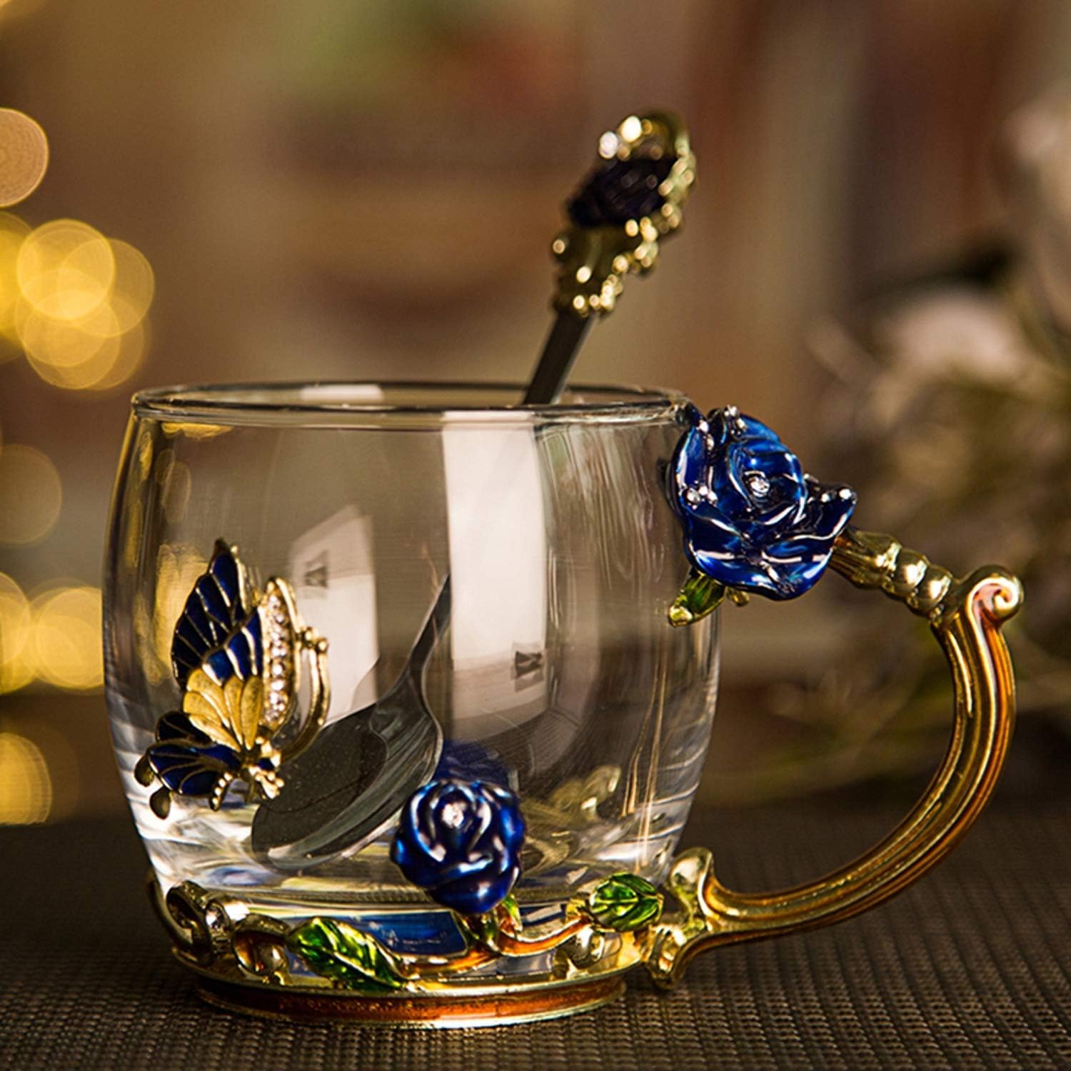 Thumbnail 4 de Luka Tech Enamel Butterfly & Rose Lead-Free Glass Coffee Mug with Steel Spoon (Rose)