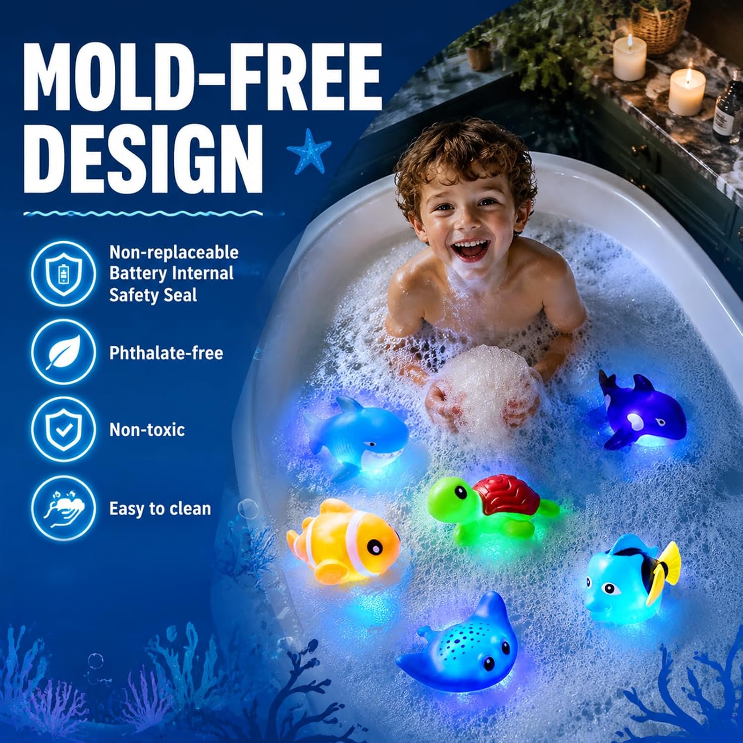 Detalle 2 de Light Up Bath Toys – Mold-Free No-Hole, Water-Activated LED Ocean Animal Bath Toys (Water Table/ Bathtub/ Shower)