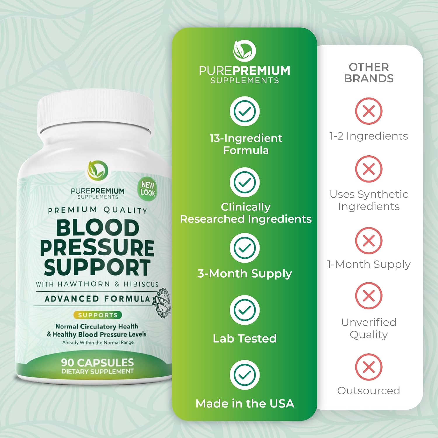 Detalle 1 de PurePremium Blood Pressure Support Supplement, 90 Capsules with Hawthorn, Hibiscus & Garlic