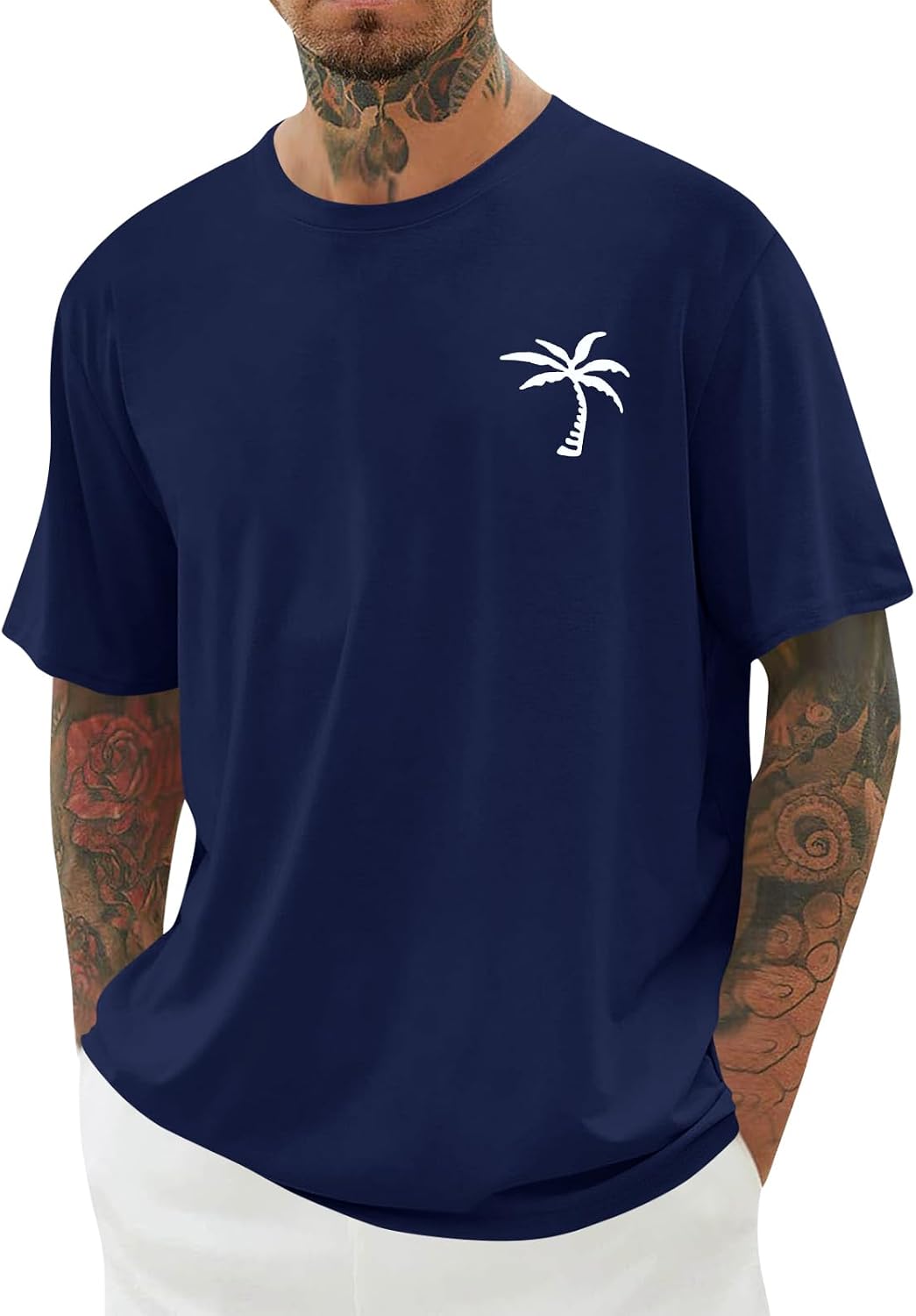 Detalle de iudam Herren Kurzarm T-Shirt Rundhals Sommer mit Palmenmotiv – atmungsaktives Baumwollmix-Oberteil