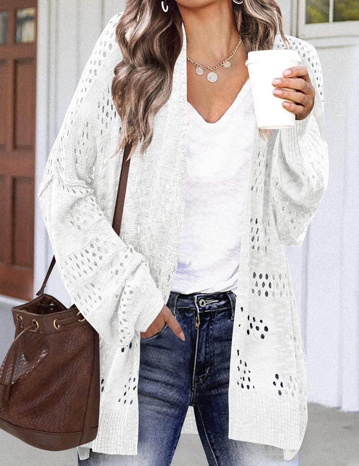 Detalle 2 de HOTOUCH Lightweight Crochet Cardigan for Women – Open Front, Oversized Knit Sweater