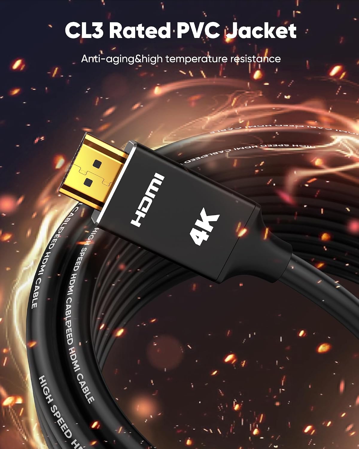 Detalle 2 de Capshi 4K Long Fiber Optic HDMI Cable 150ft — In-Wall CL3 Rated, 2.0, 4K@60Hz HDR10, ARC, HDCP2.2