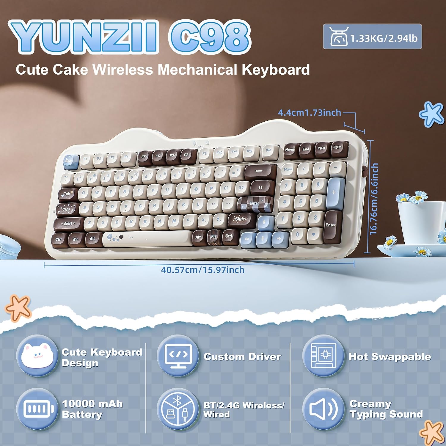 Detalle 2 de YUNZII C98 Wireless Mechanical Keyboard with Number Pad (Choco/Candy Linear)
