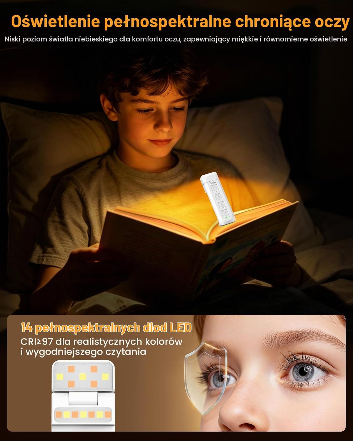 Detalle 2 de Gritin G1315 lampka do czytania, 14 pełnospektralnych LED, USB-C