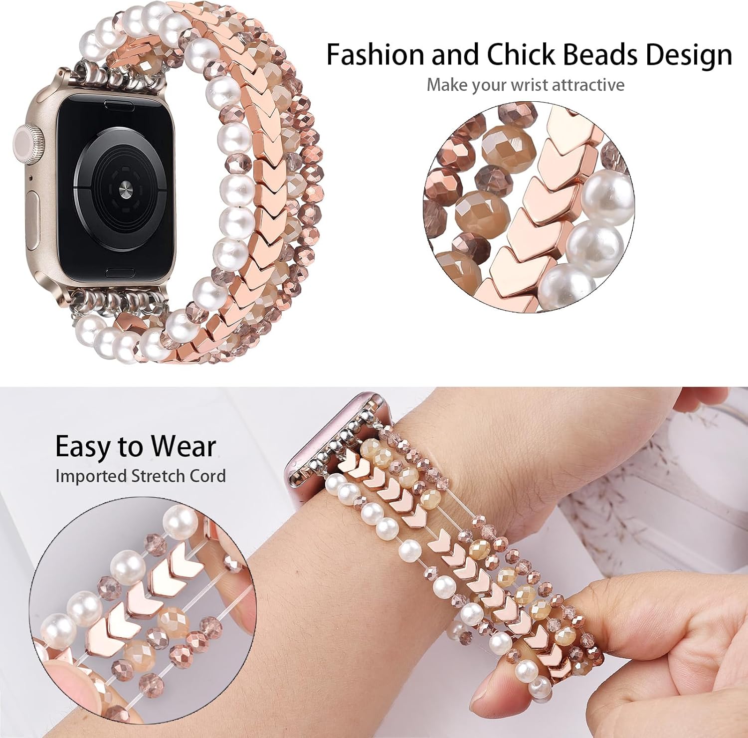 Thumbnail 2 de V.R.HOPE Unique Beaded Strap for Apple Watch 44–49mm (Rose White, Small): Elegant Beaded Band for Women