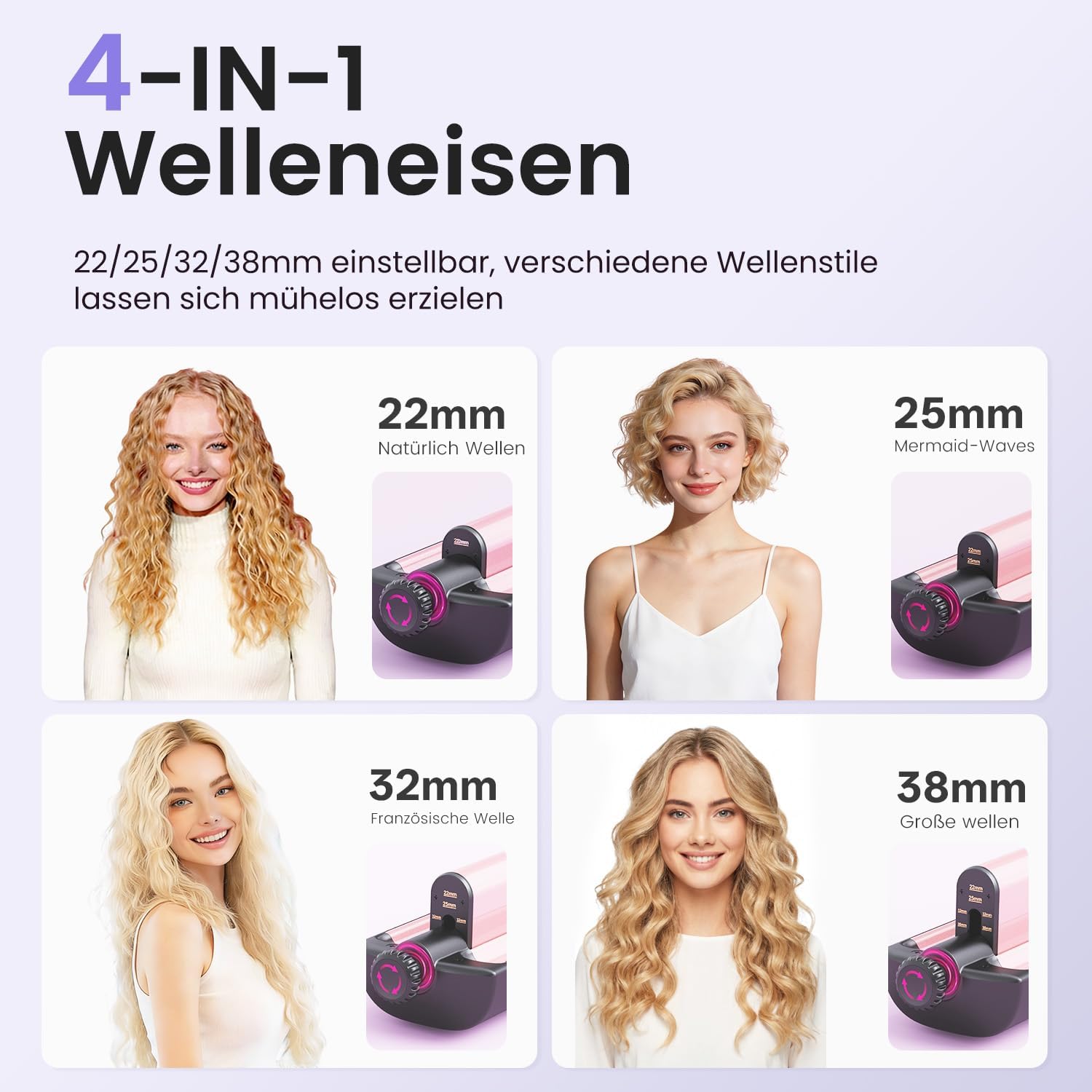 Detalle de 22/25/32/38 mm einstellbares Welleneisen für Haare (4-in-1) – Beach Waves & Mermaid-Waves Lockenstab in Roségold