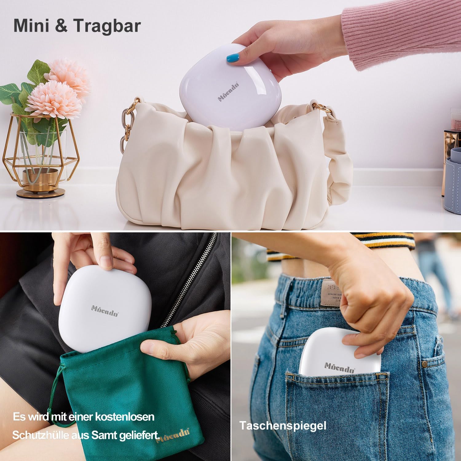 Detalle de Mocado Taschenspiegel mit Licht – 1/10 Vergrößerung, 10 cm, beidseitig, wiederaufladbar, Touchscreen, Weiß