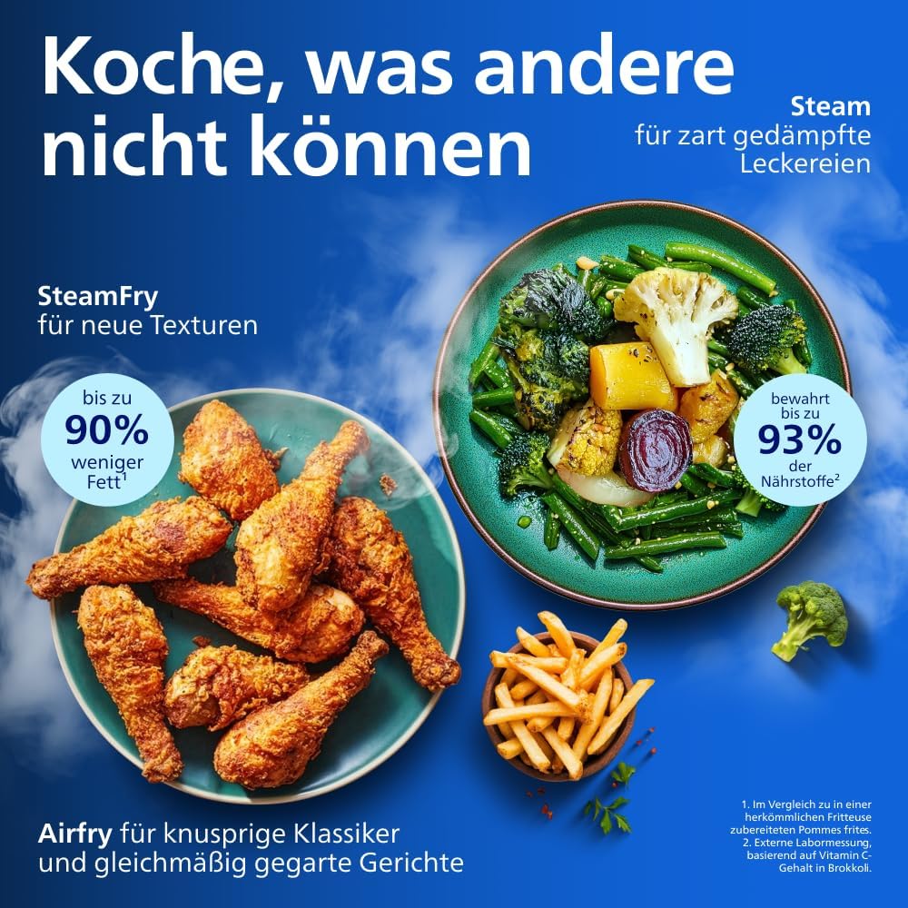 Detalle de Philips Steam Airfryer 5000 Series Megabasket NA565/00 – Dampffunktion trifft Heißluftfrittieren