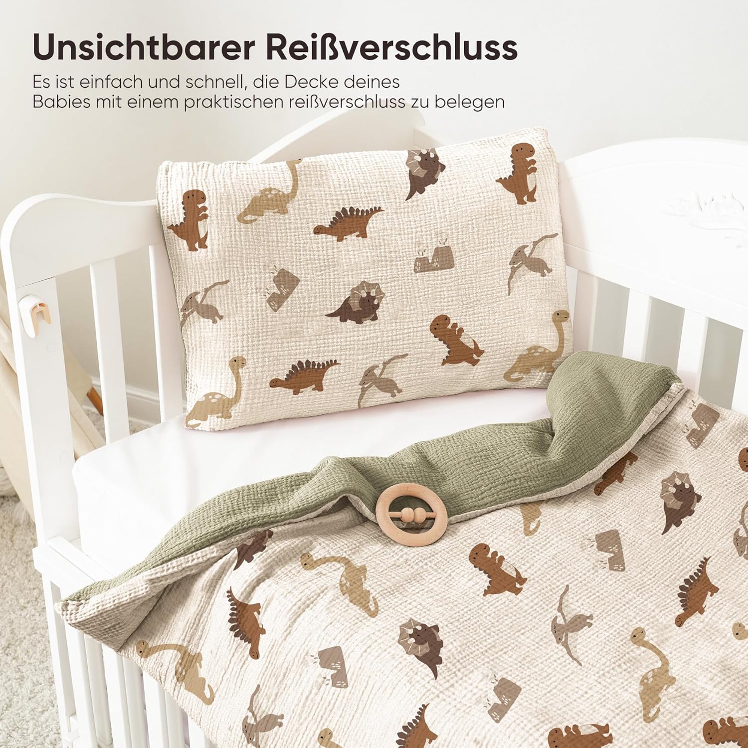 Thumbnail 2 de Susurration Bettwäsche-Set Olive: 2-teiliges Musselin-Babyset aus Baumwolle (100x135 + 40x60) – Unisex