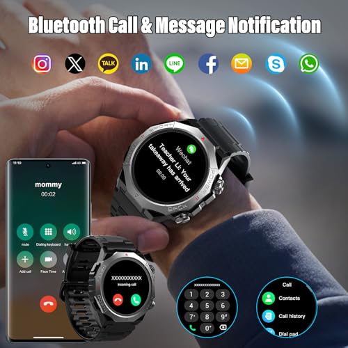 Detalle de Atheewon Reloj Inteligente 1.39” militar con llamadas Bluetooth, 110+ modos deportivos y IP68 (negro)