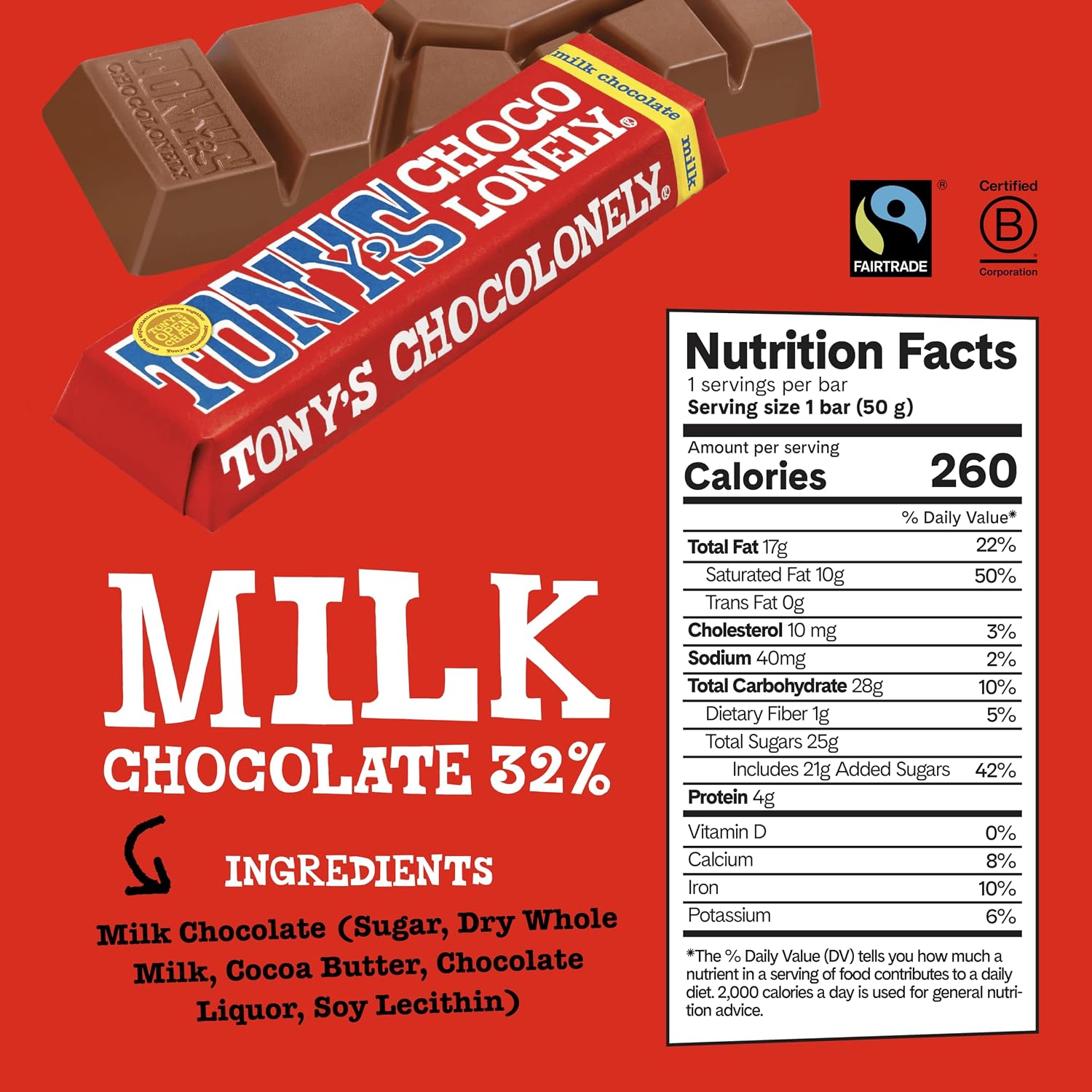 Detalle 2 de Tony's Chocolonely Belgian Milk Chocolate Bars, 32% Cacao, 20 Bars