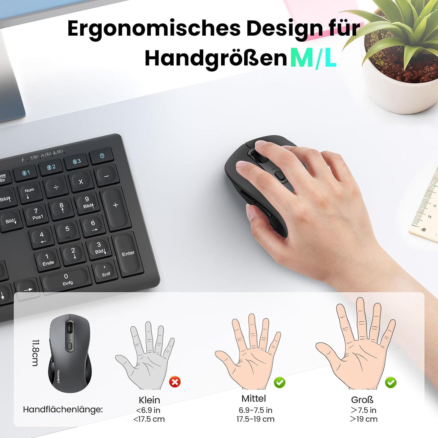 Thumbnail 5 de TECKNET Bluetooth Maus – kabellos, wiederaufladbar, 4800 DPI, leise Klicks, Bluetooth 5.0/3.0 + 2,4 GHz