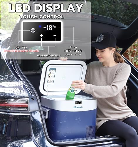 Detalle de BINGI 22 Litre 12V Compressor Fridge – Portable Car Refrigerator Freezer (-18°C to 15°C) Blue