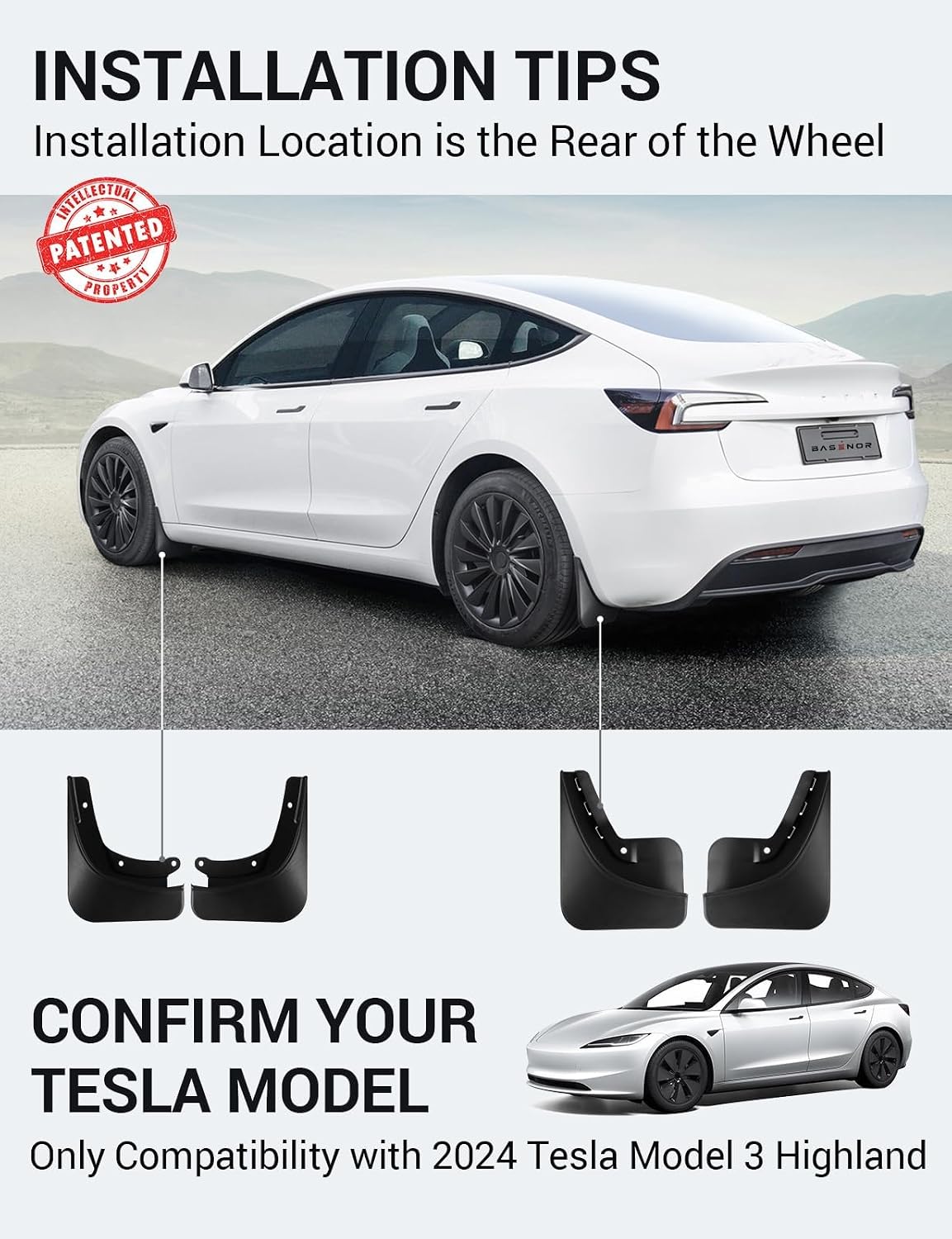 Detalle de BASENOR Highland Mud Flaps for Tesla Model 3 (2024–2026) – Set of 4, No Drilling, All-Weather Protection