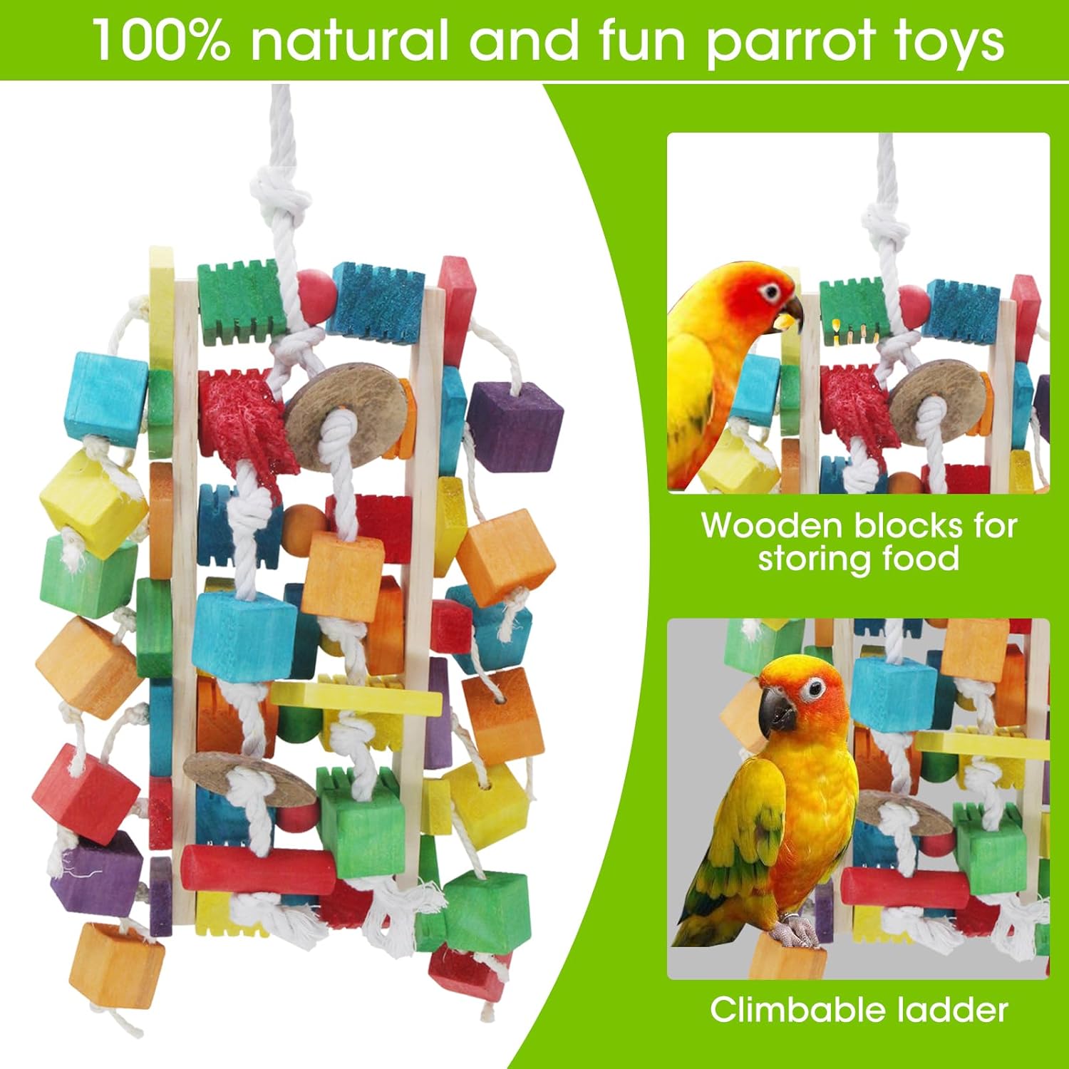 Detalle de MQUPIN Large Bird Parrot Toys – Natural wooden blocks with foraging gaps and cotton climbing ropes