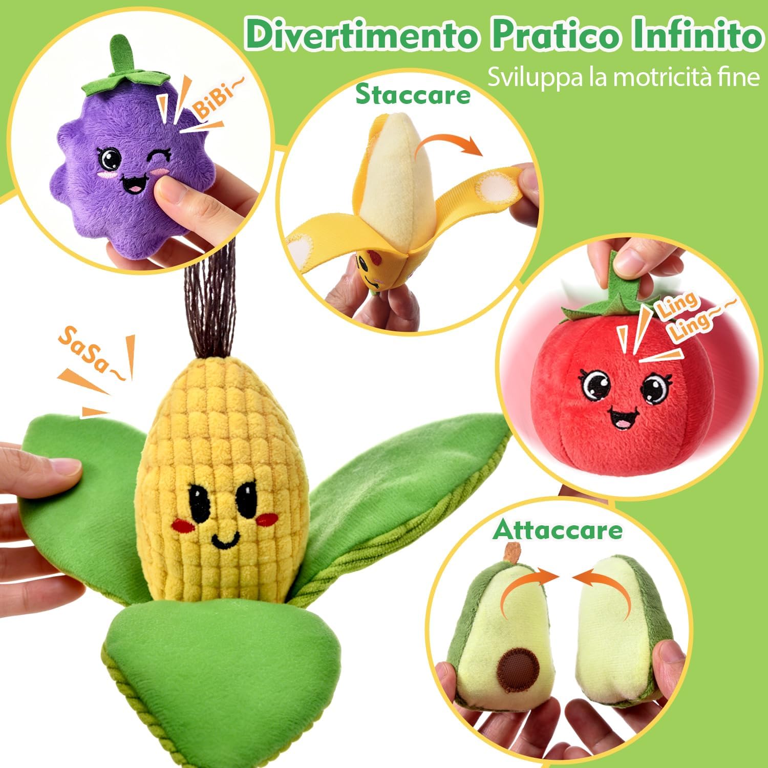 Thumbnail 2 de Tokiyis Giochi Montessori 6-12 Mesi – 16 PCS Frutta Verdura Peluche con Sonaglio e Cestino
