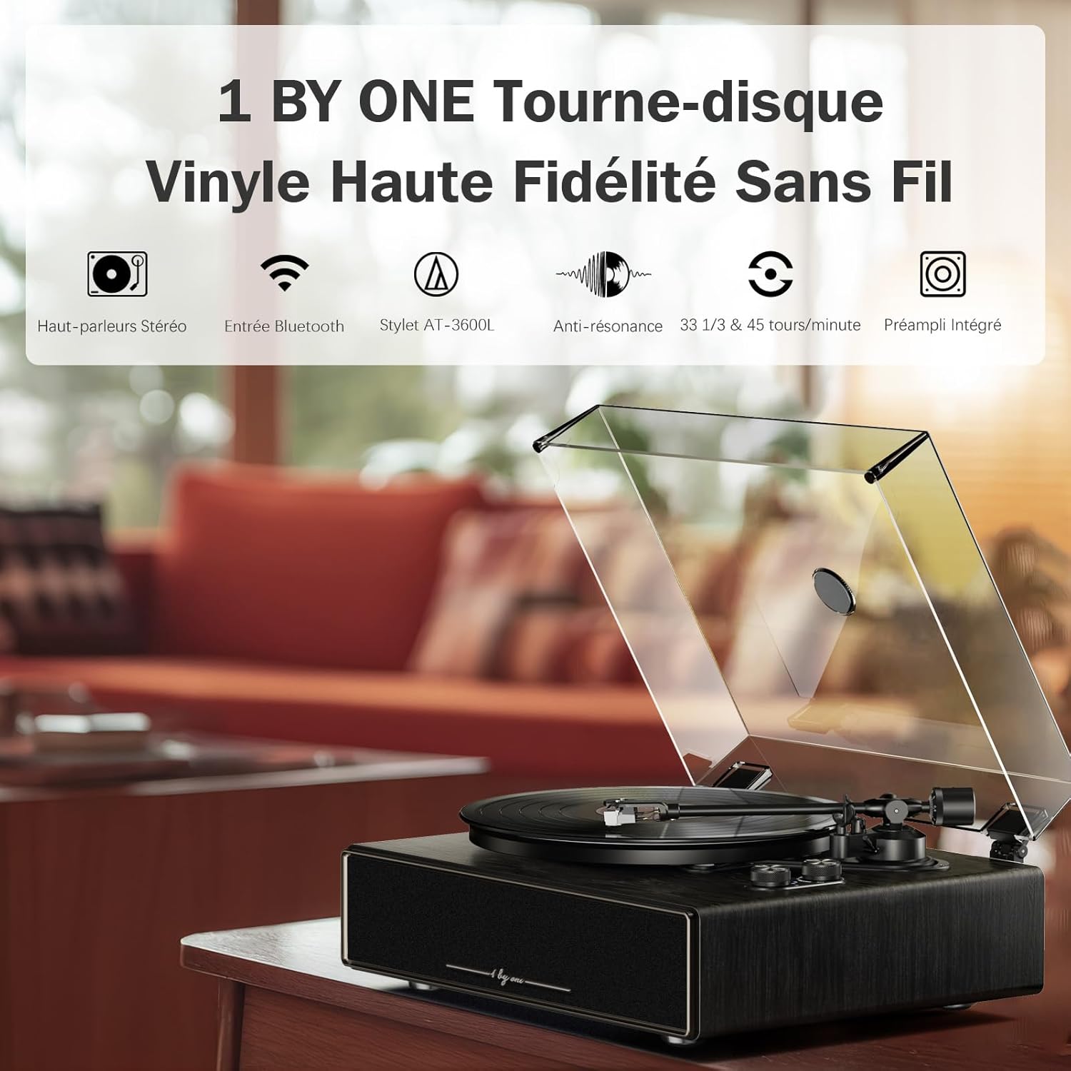 Thumbnail 6 de 1 BY ONE Platine Vinyle avec Haut-parleurs Intégrés Bluetooth — 33/45 TR/min, transmission par courroie et arrêt automatique