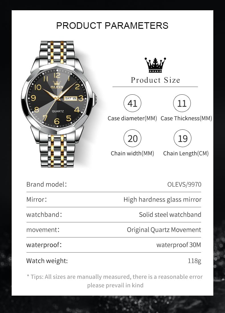Detalle de Montre homme OLEVS quartz digital avec index « diamants », acier inoxydable 316L, étanche 30 m