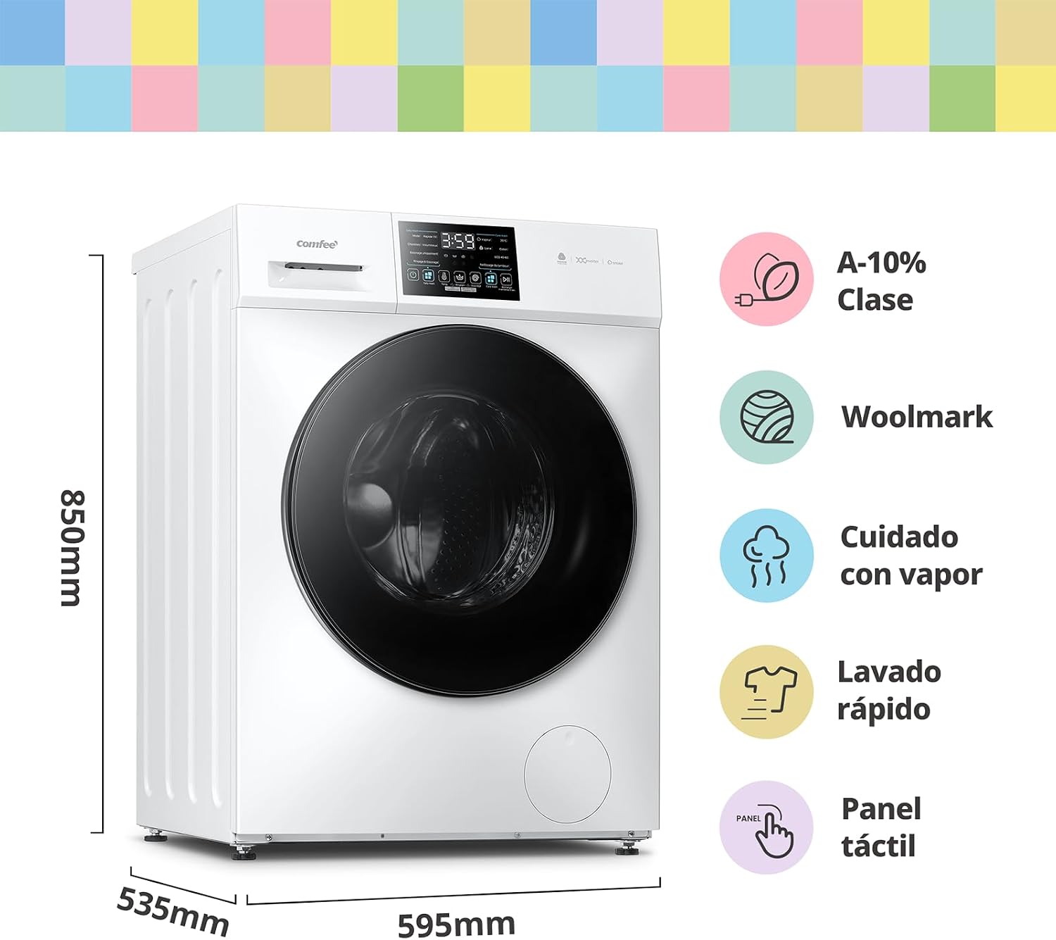 Detalle de COMFEE CFP03EW100W-HL Lavadora 10 kg con Vapor, Motor BLDC y aprobación Woolmark