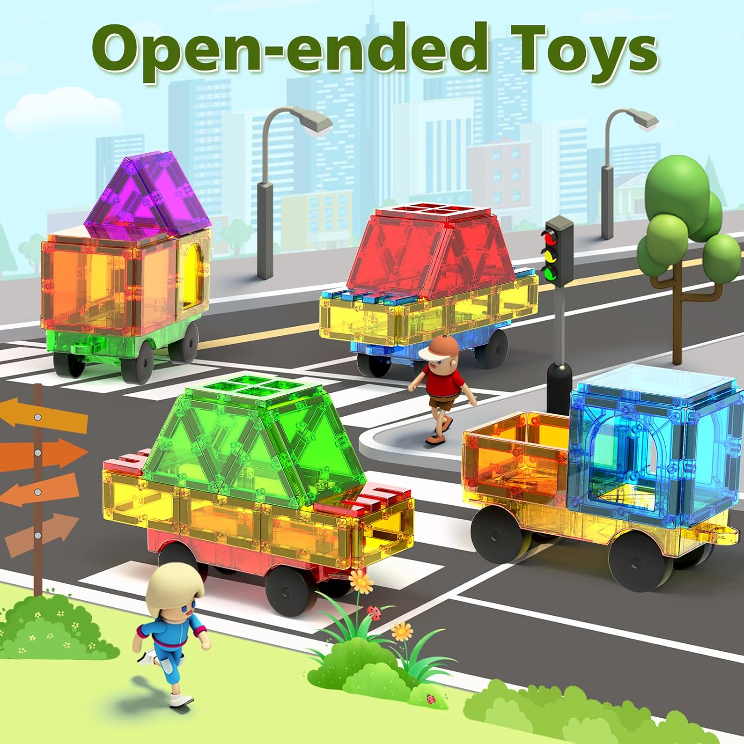Thumbnail 2 de Magnetic Tiles Cars Building Blocks Set (4-pc) – Car Bases for Magnetic Tile Road Play