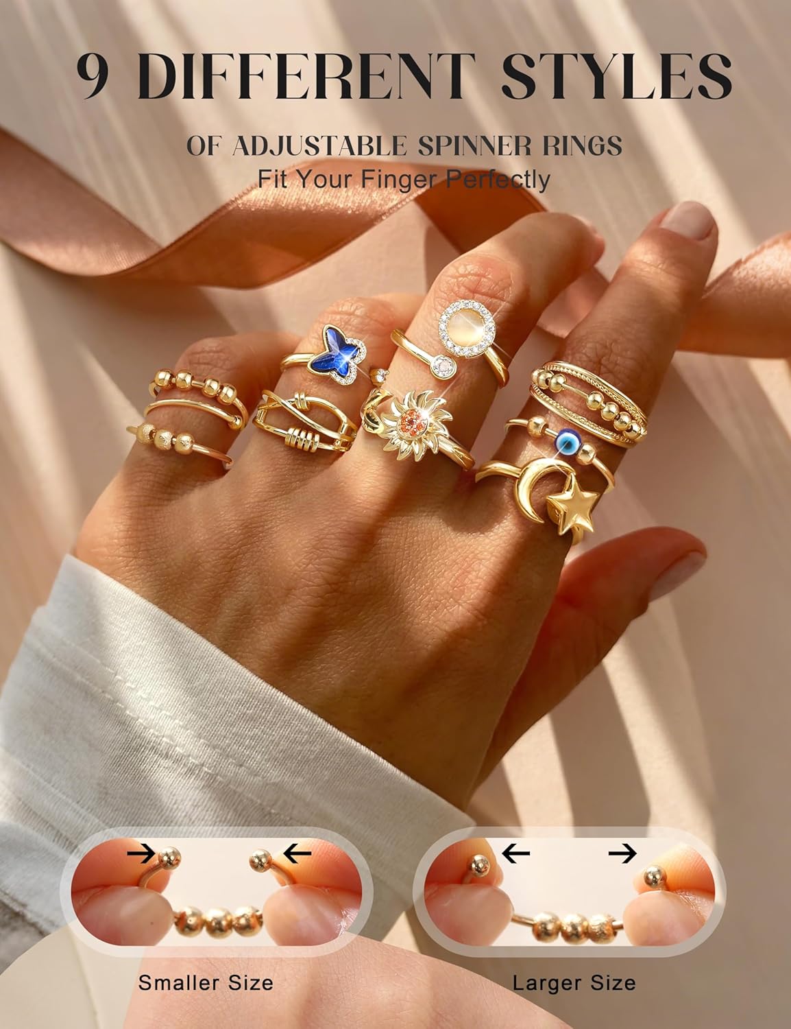 Detalle de FIBO STEEL 9-Pcs Fidget Anxiety Rings – Adjustable Open Spinner Rings with CZ Details