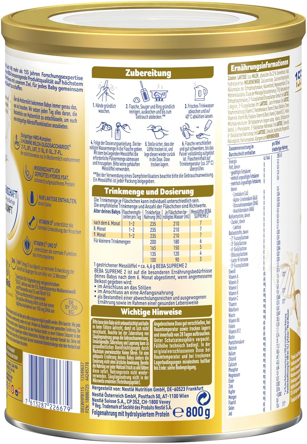 Thumbnail 1 de BEBA SUPREME 2 Folgemilch nach dem 6. Monat – 6 x 800 g, lactosehaltig, ohne Palmöl