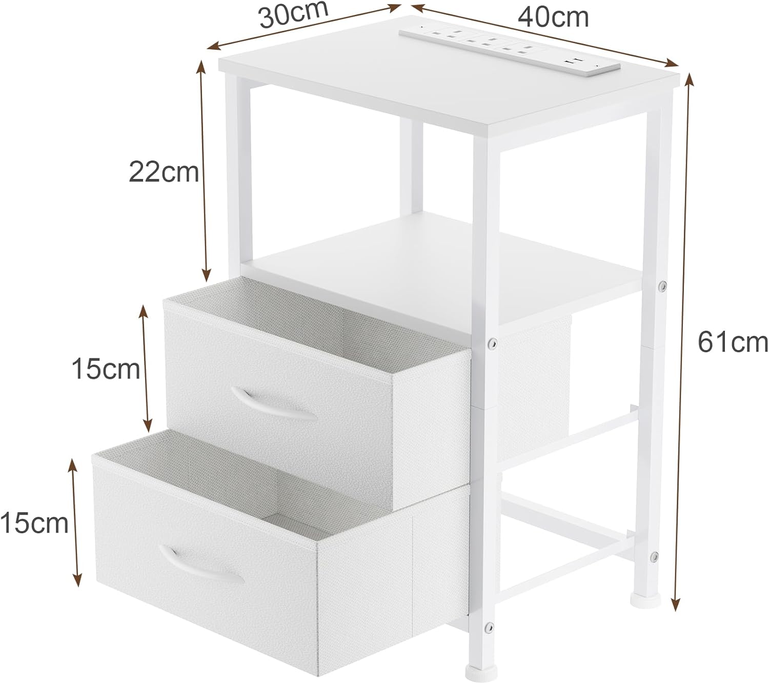 Detalle de Yornoli Bedside Table with Charging Station – 40cm Wide, White with LED Lights and Fabric Drawers