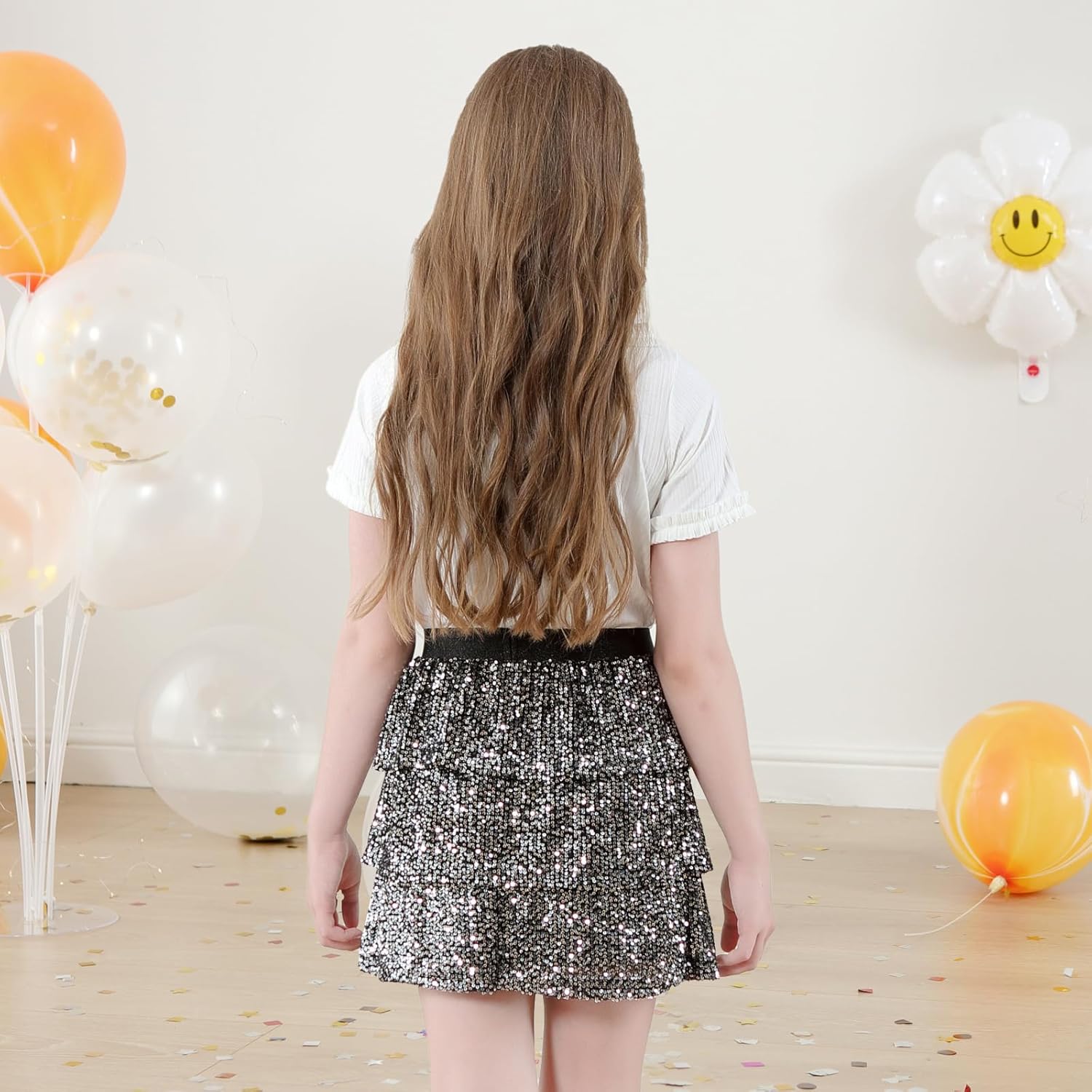 Detalle de Bezioner Girls Sequin Skirt: Layered Glitter Skater Skirt for 5–14 Years