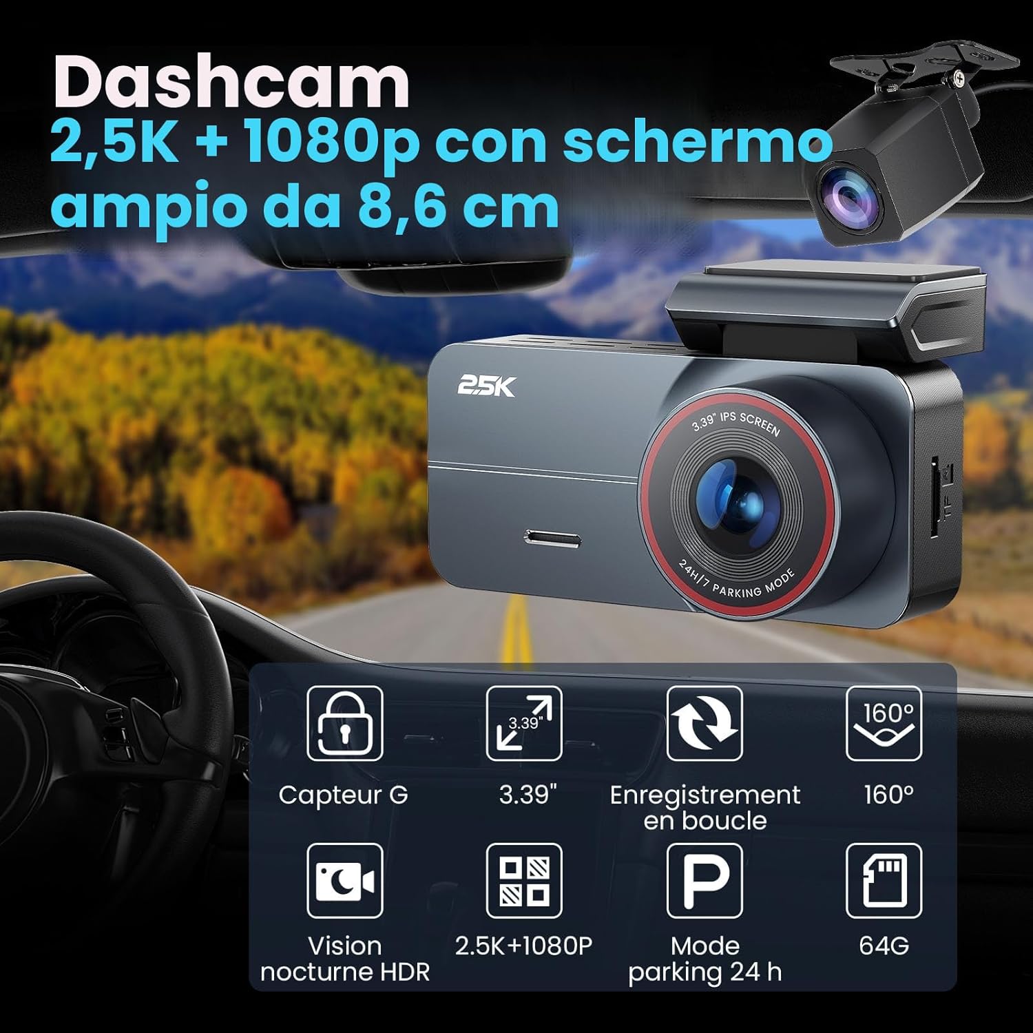 Detalle 2 de Dash Cam Auto 2.5K QHD Doppia lente 64GB