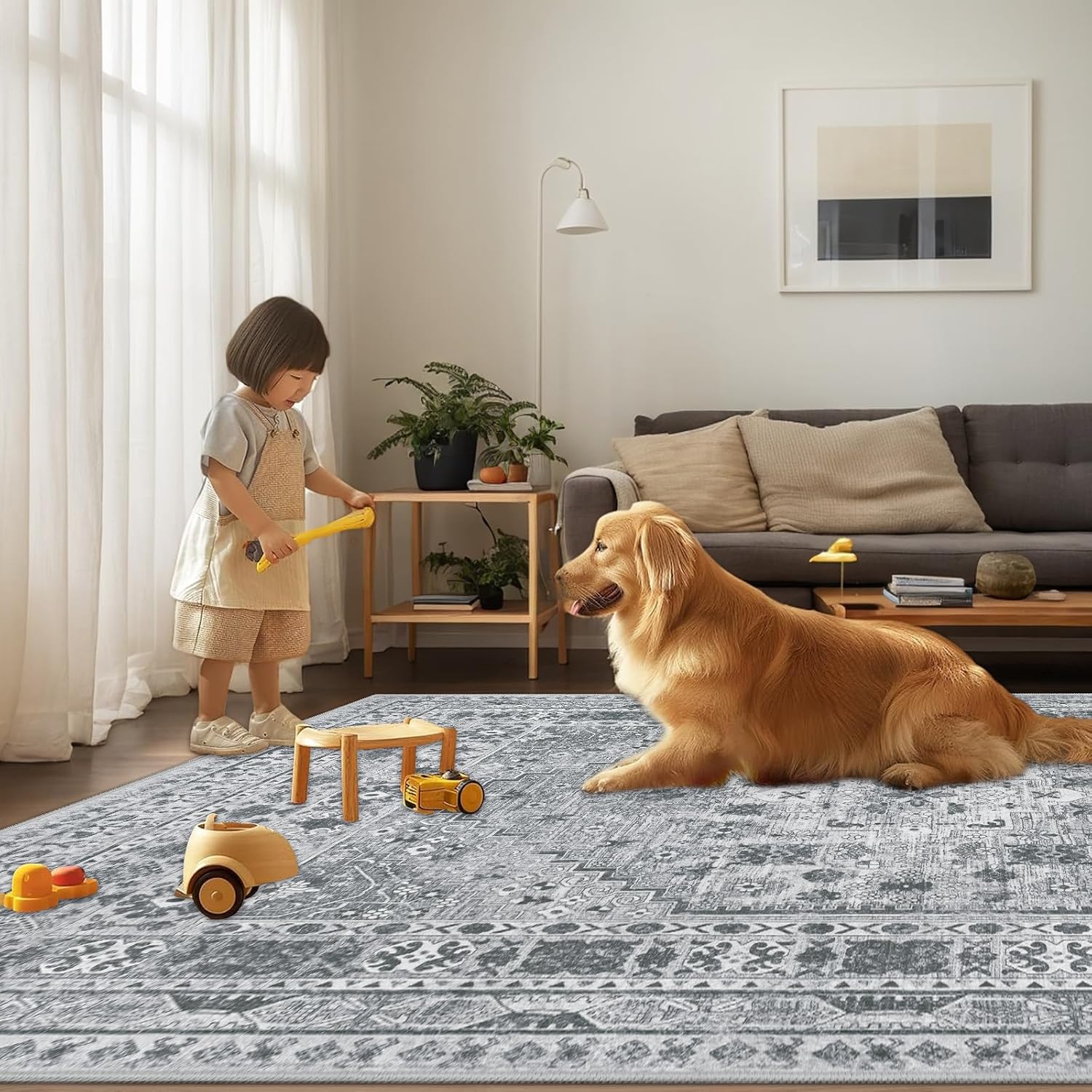 Detalle de Capslpad Vintage Medallion Area Rug, 200 x 300 cm, Grey, Washable