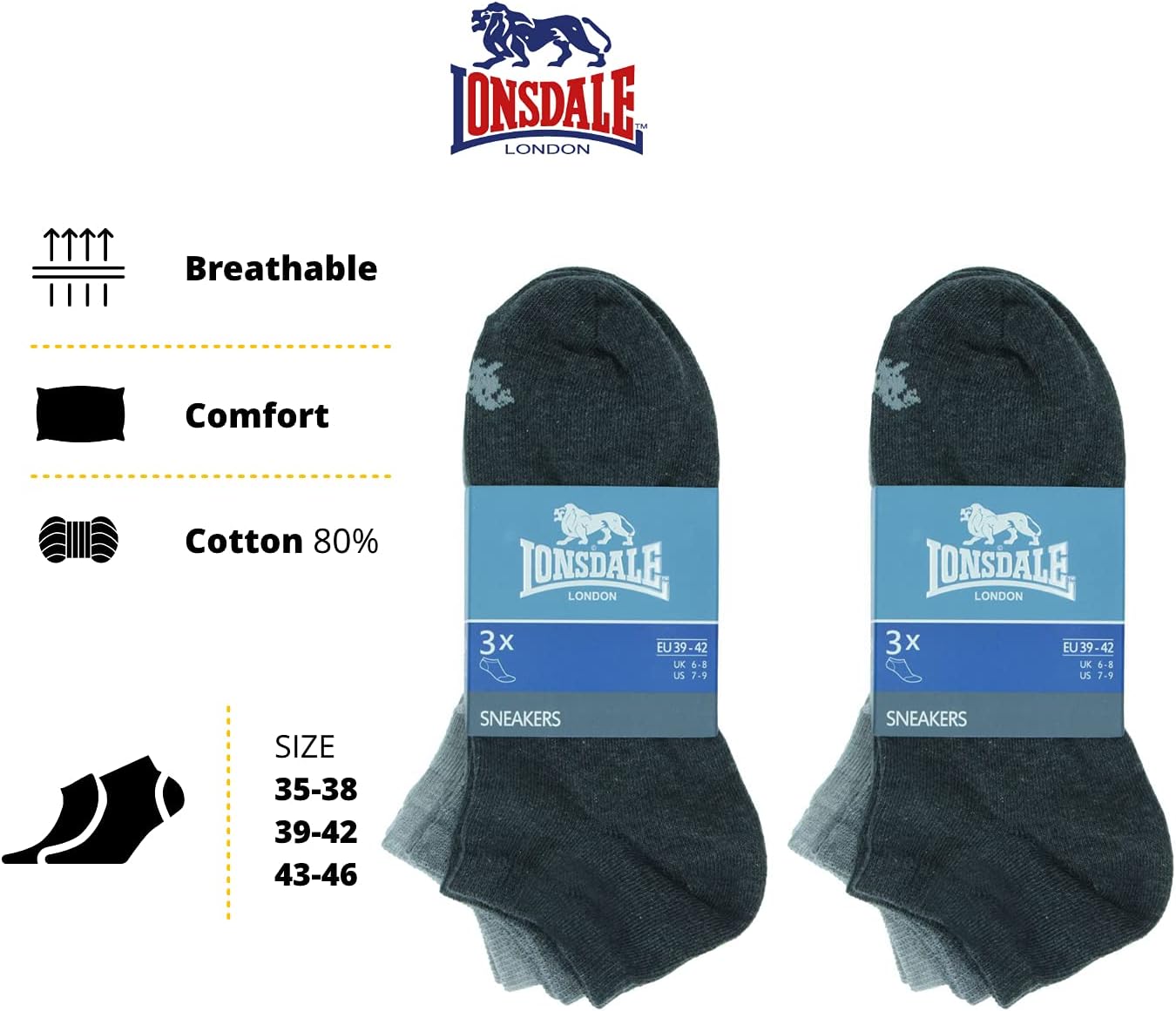 Thumbnail 2 de Lonsdale 6 Paia Calzini Corti Uomo Donna - Cotone Traspirante, Antiodore, Aderenza Ottimale