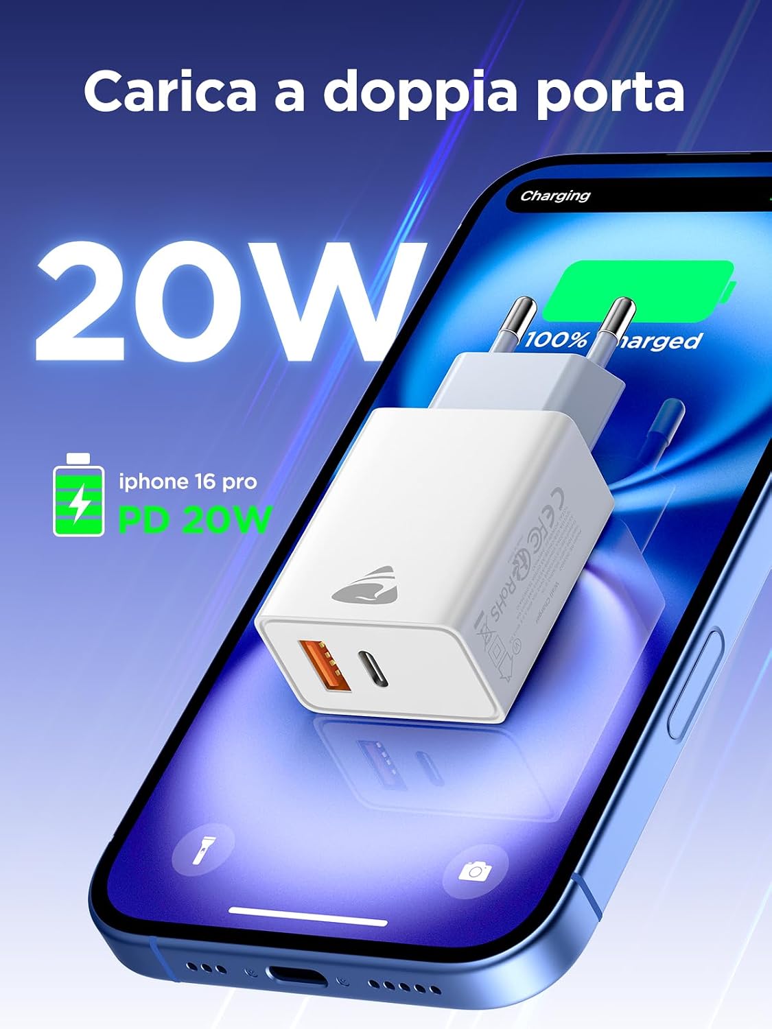 Detalle de Caricatore USB C, 2 Pezzi: 20W PD3.0 + QC3.0, Spina Tipo C – Alimentatore Multiplo per Casa, Ufficio e Viaggio