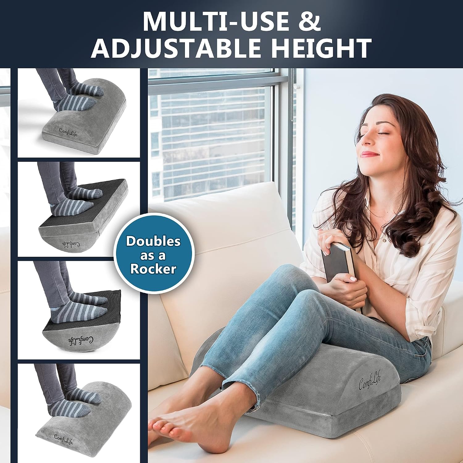Detalle de ComfiLife Adjustable Height Memory Foam Foot Rest for Under Desk Work (Gray)