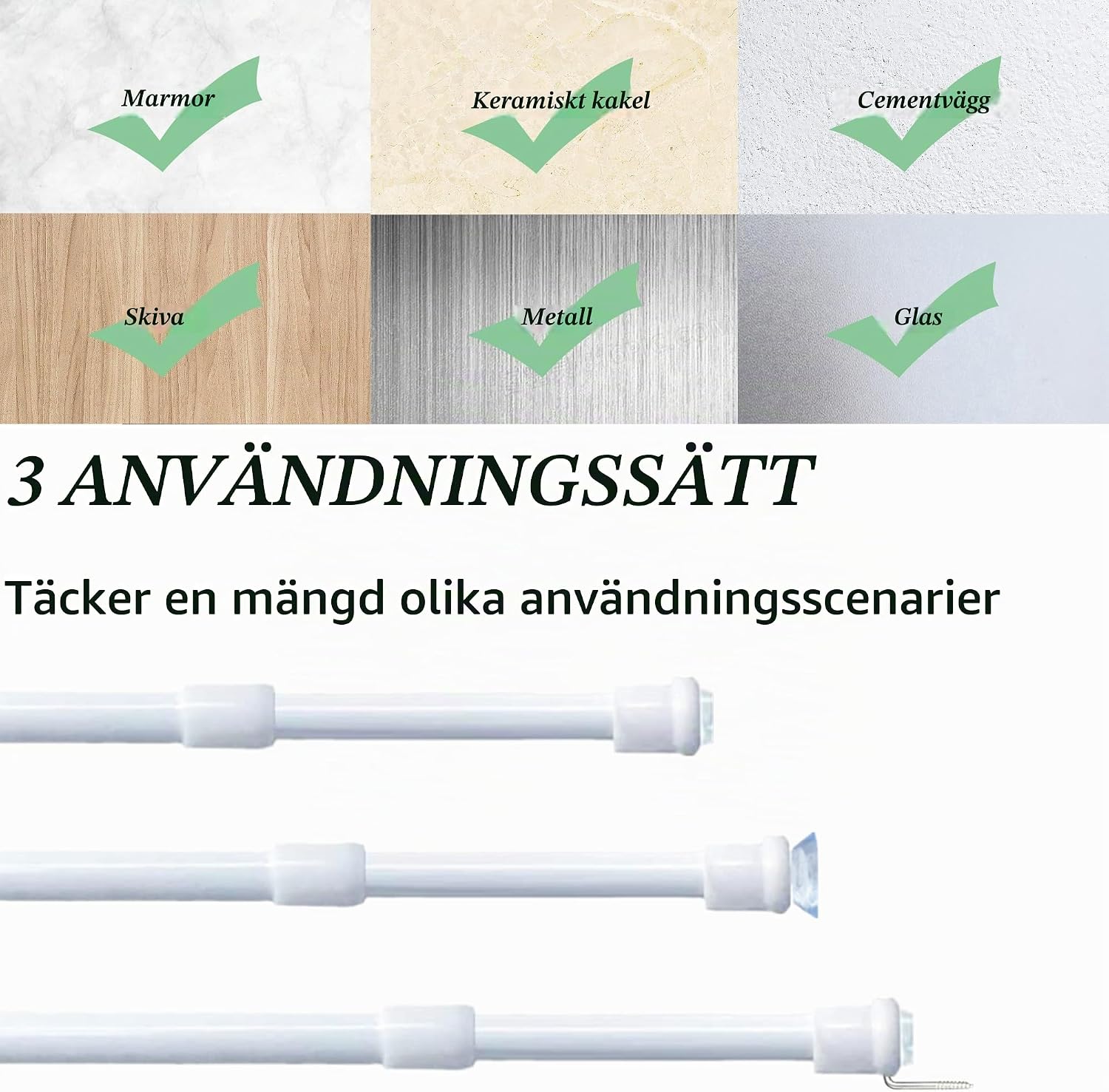 Detalle de GDEVKHN NO3-XYG-1 spännstänger för gardiner, 80–120 cm, utan borrning, 2-pack