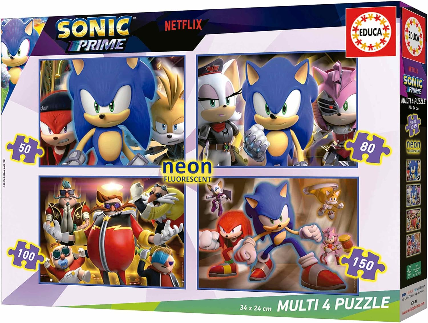 Thumbnail 4 de Educa Multi 4 Sonic Prime Neon : ensemble de 4 puzzles progressifs qui brillent dans le noir (50 à 150 pièces)