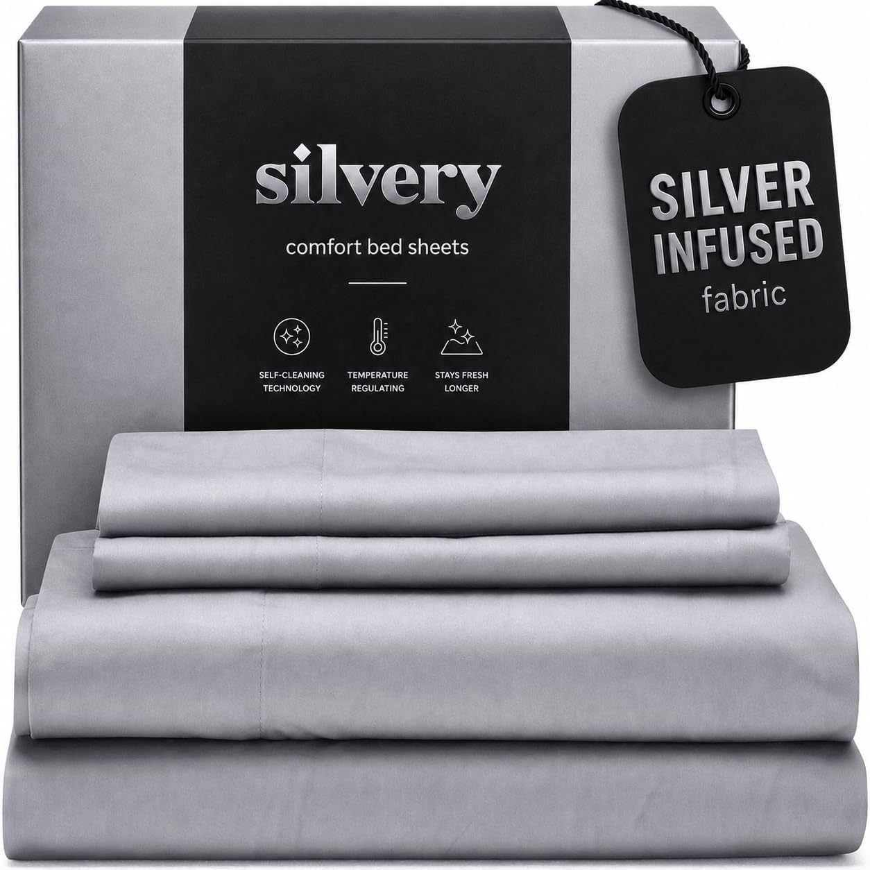 Detalle de Silvery Silver Infused Bed Sheets Set — Ultra-Soft, Temperature-Regulating with Self-C Cleaning Technology
