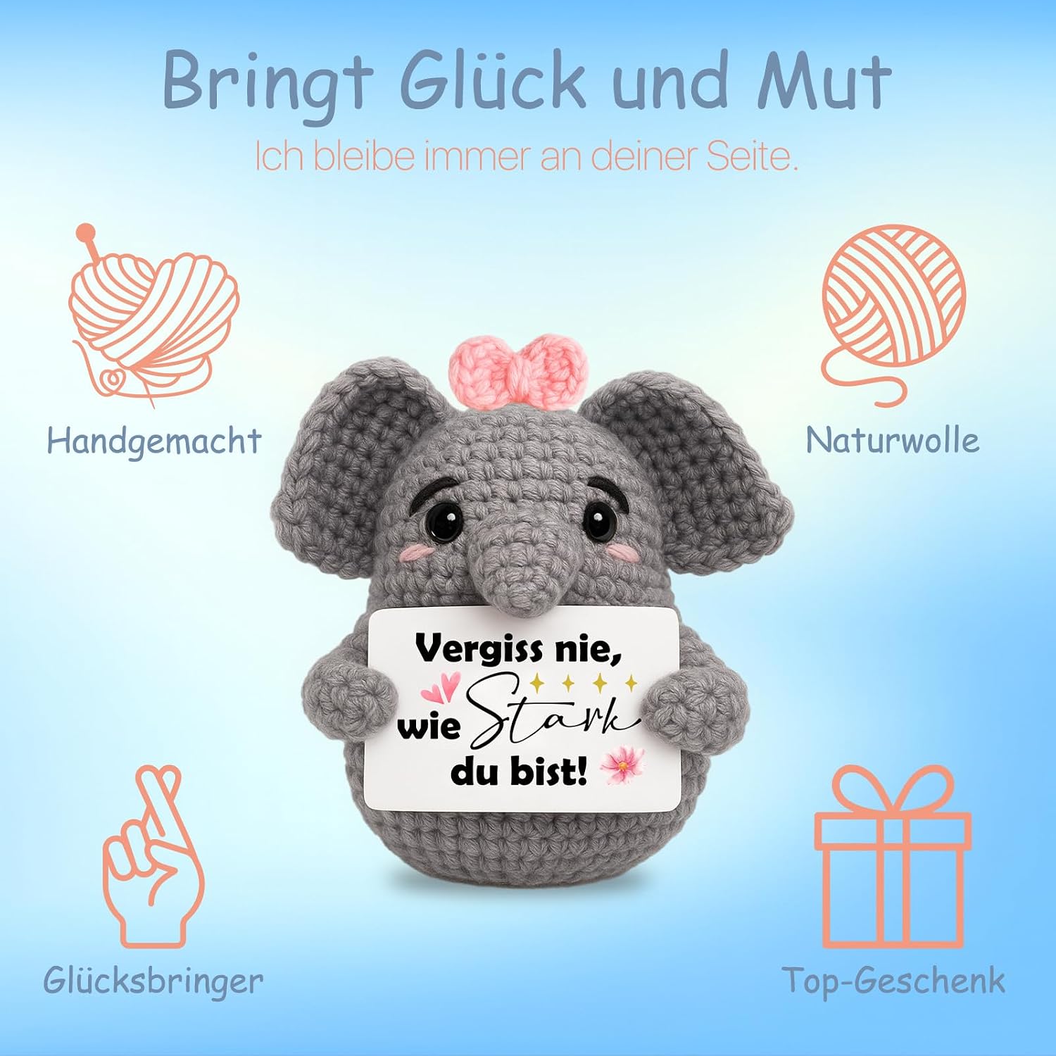 Detalle 2 de Farbeele Positive Elefant mit Glücksbringer Schlüsselanhänger – Mutmacher Geschenk zum Verschenken