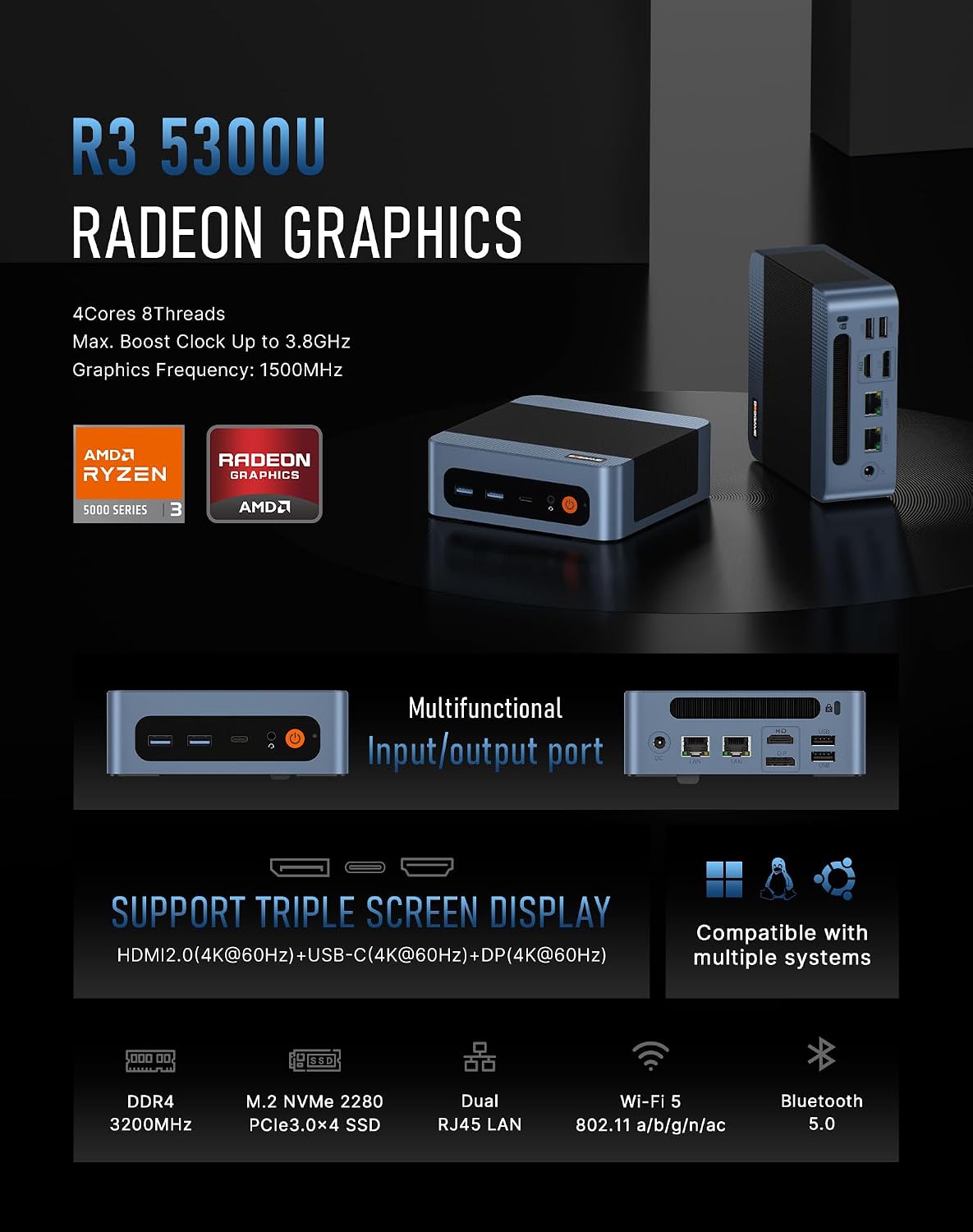 Detalle 2 de BOSGAME E5 Mini PC Ryzen 5300U 16GB 1TB