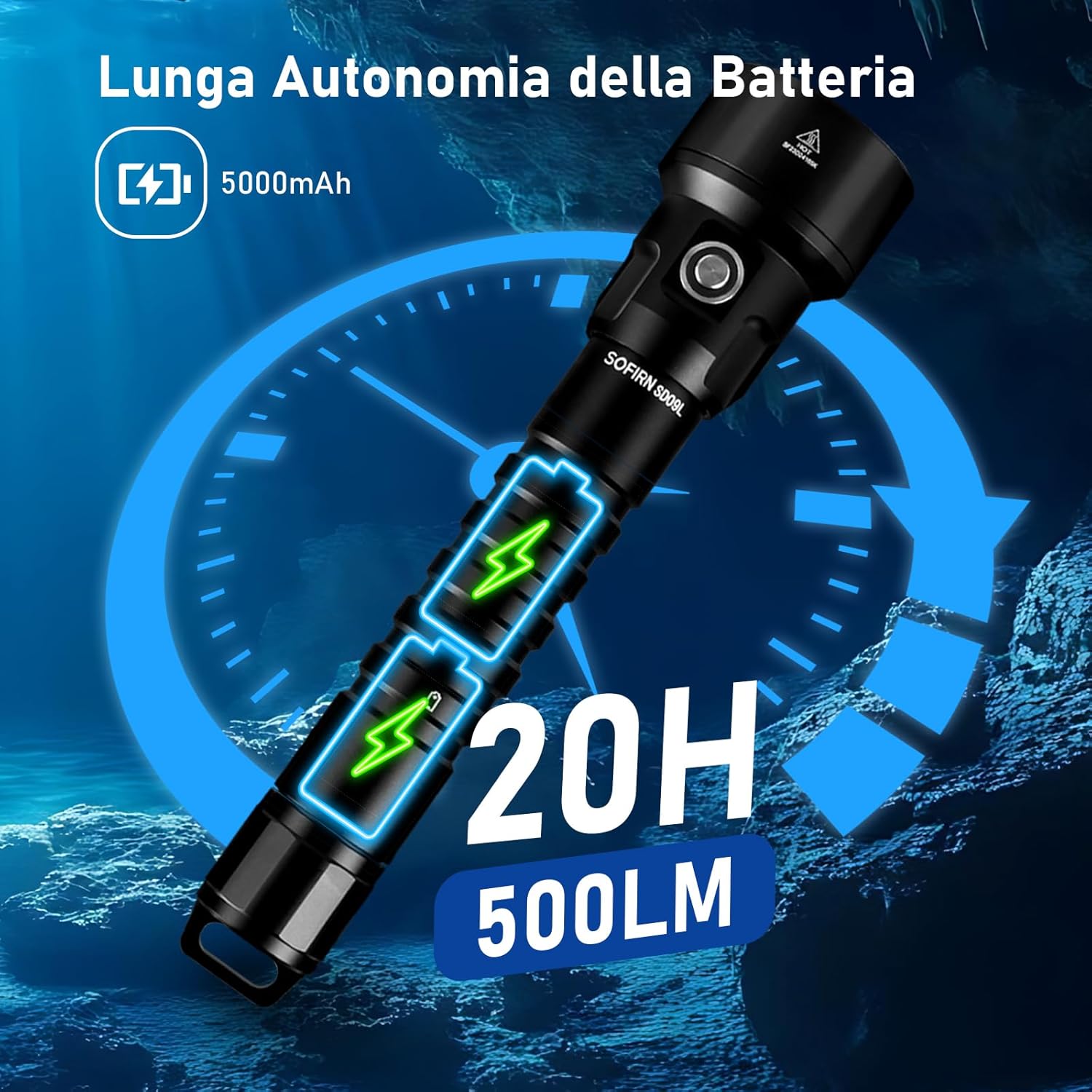 Detalle de Sofirn SD09L: torcia LED da immersione da 6800 lumen, design robusto e prestazioni impressionanti