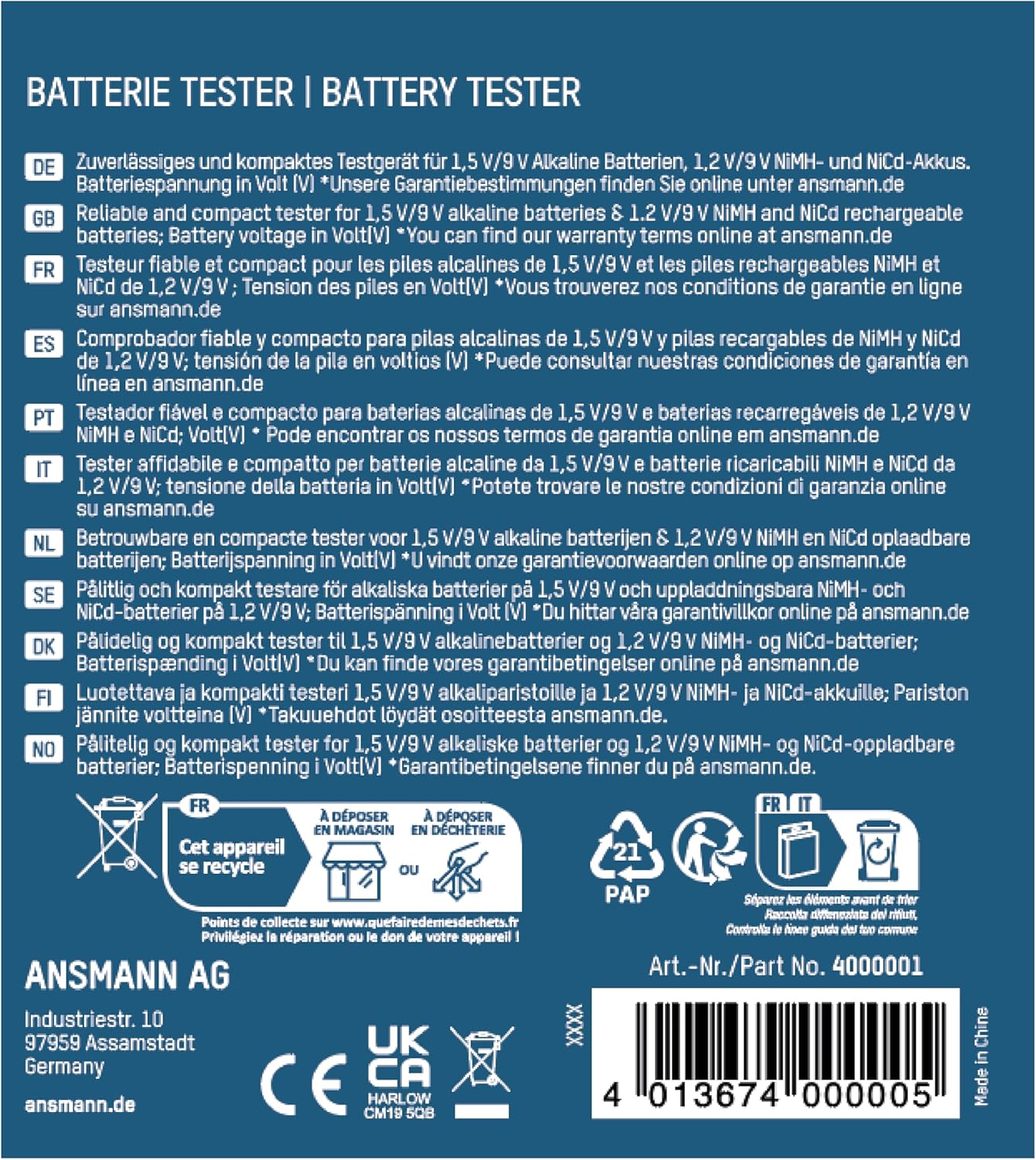 Detalle 2 de ANSMANN Tester universale per pile rotonde e 9V: spia capacità residua (tester batterie)