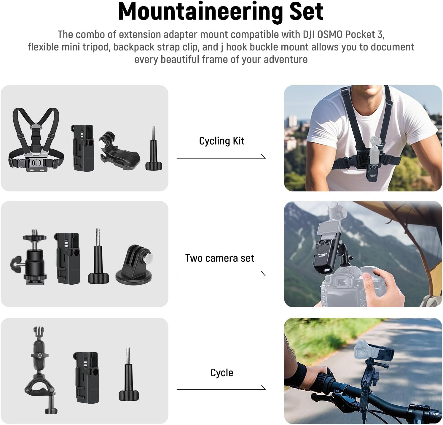 Detalle de NEEWER Basics 16-in-1 Zubehörset für DJI Osmo Pocket 3 (GP-52) – Berg, Bike, Vlog & Ego-Perspektive