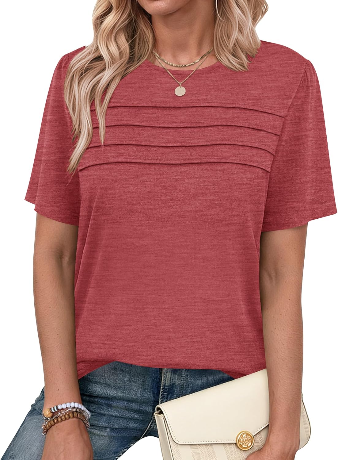 Detalle de PLMOKEN Magliette Donna Manica Corta Estive a Pieghe – Camicia Casual con Collo Rotondo