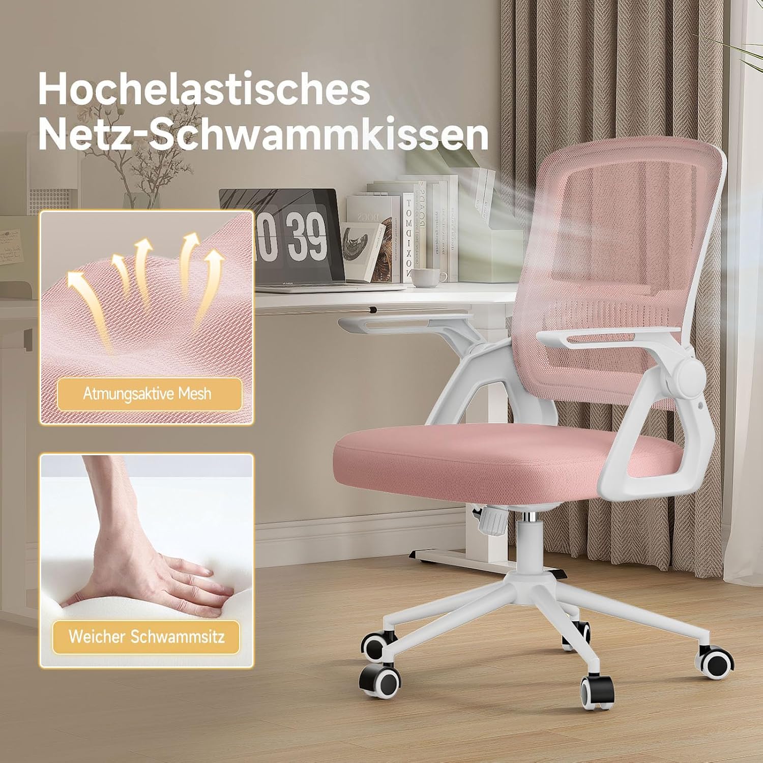 Detalle de nas paluro Bürostuhl Ergonomisch mit Hochklappbaren Armlehnen Rosa – Netzrücken, Lordosenstütze und verstellbare Höhe