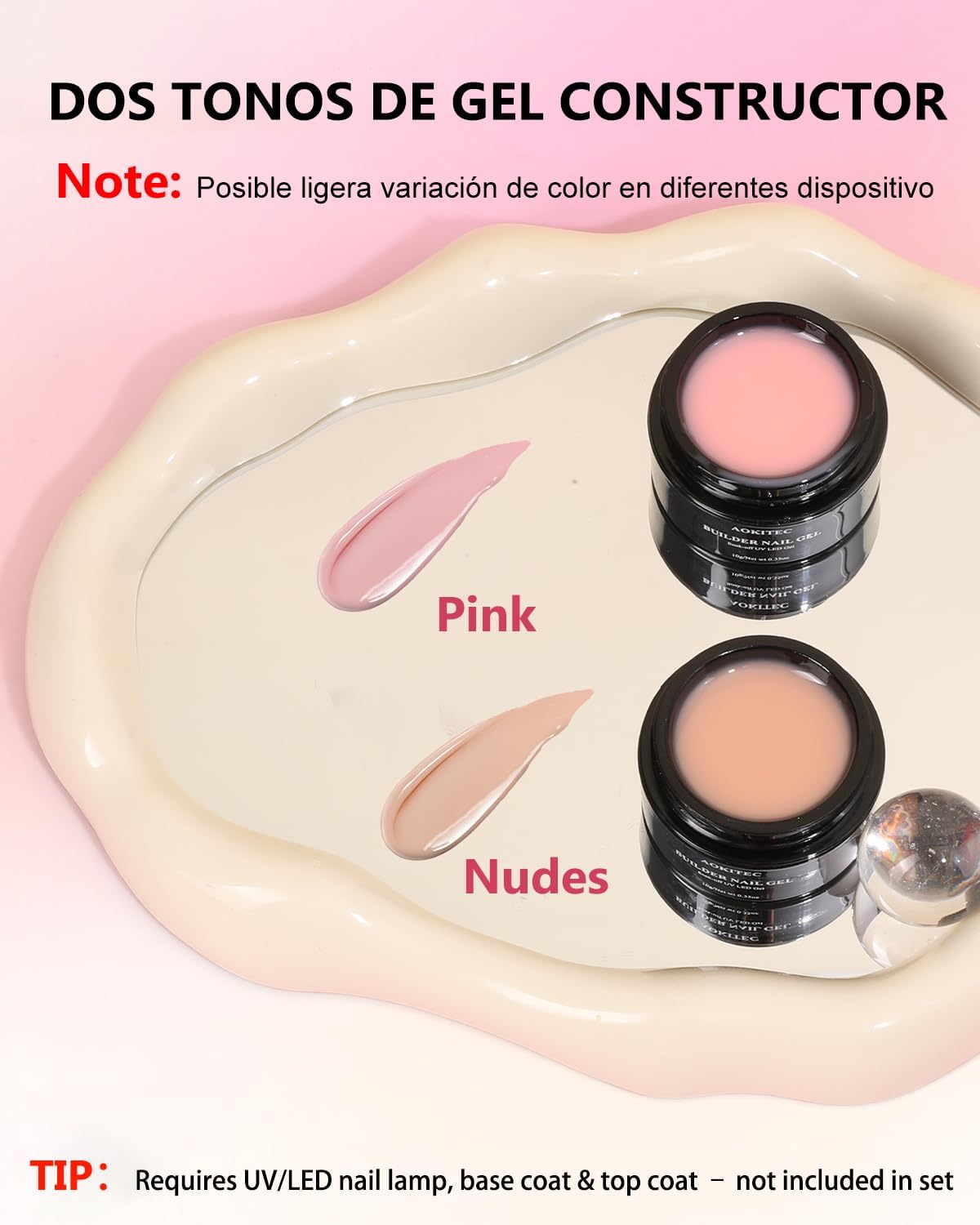 Detalle de Aokitec Pink Nude Builder Hard Gel Kit met nagelvormen en penseel