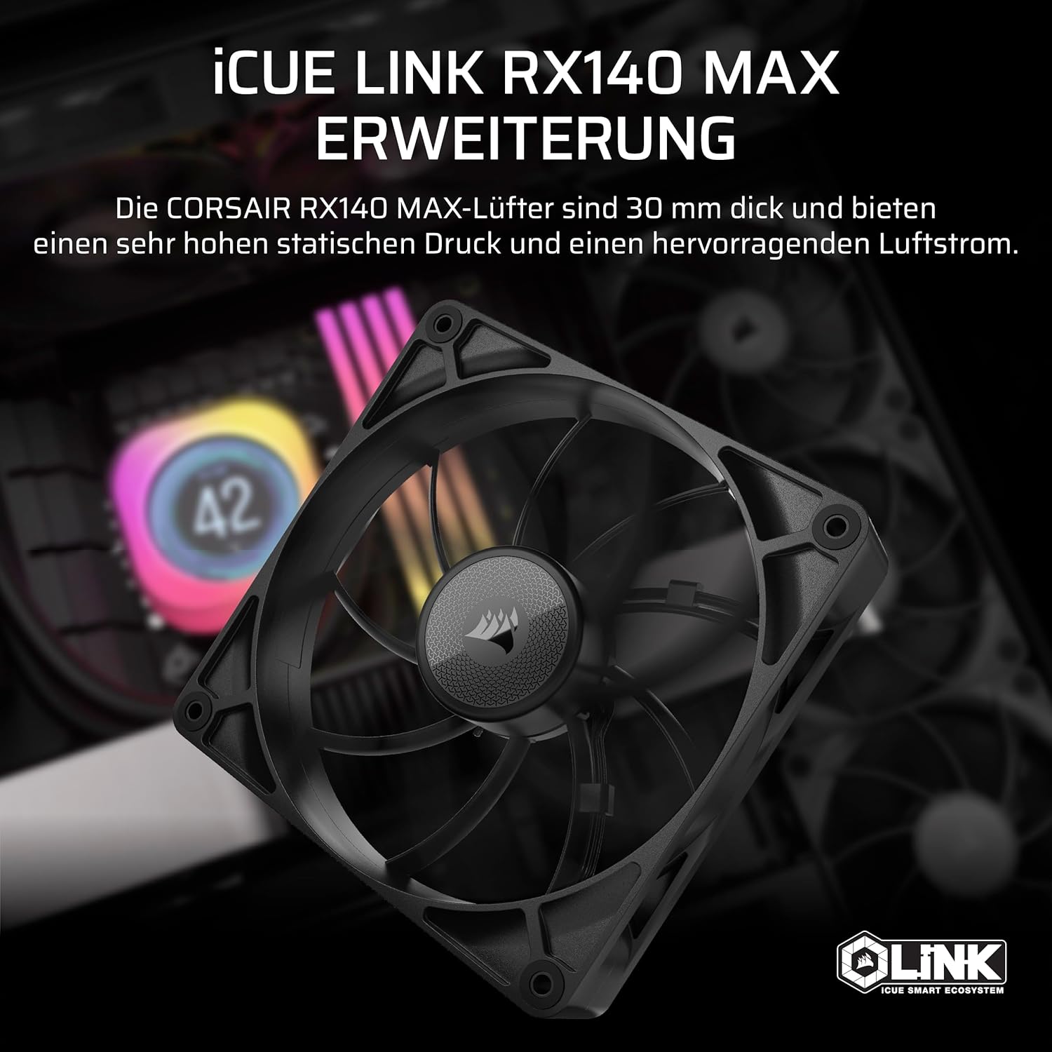 Thumbnail 1 de Corsair iCUE LINK RX140 MAX PWM 140-mm Hochleistungs-Lüfter (RX140 MAX) – schwarz