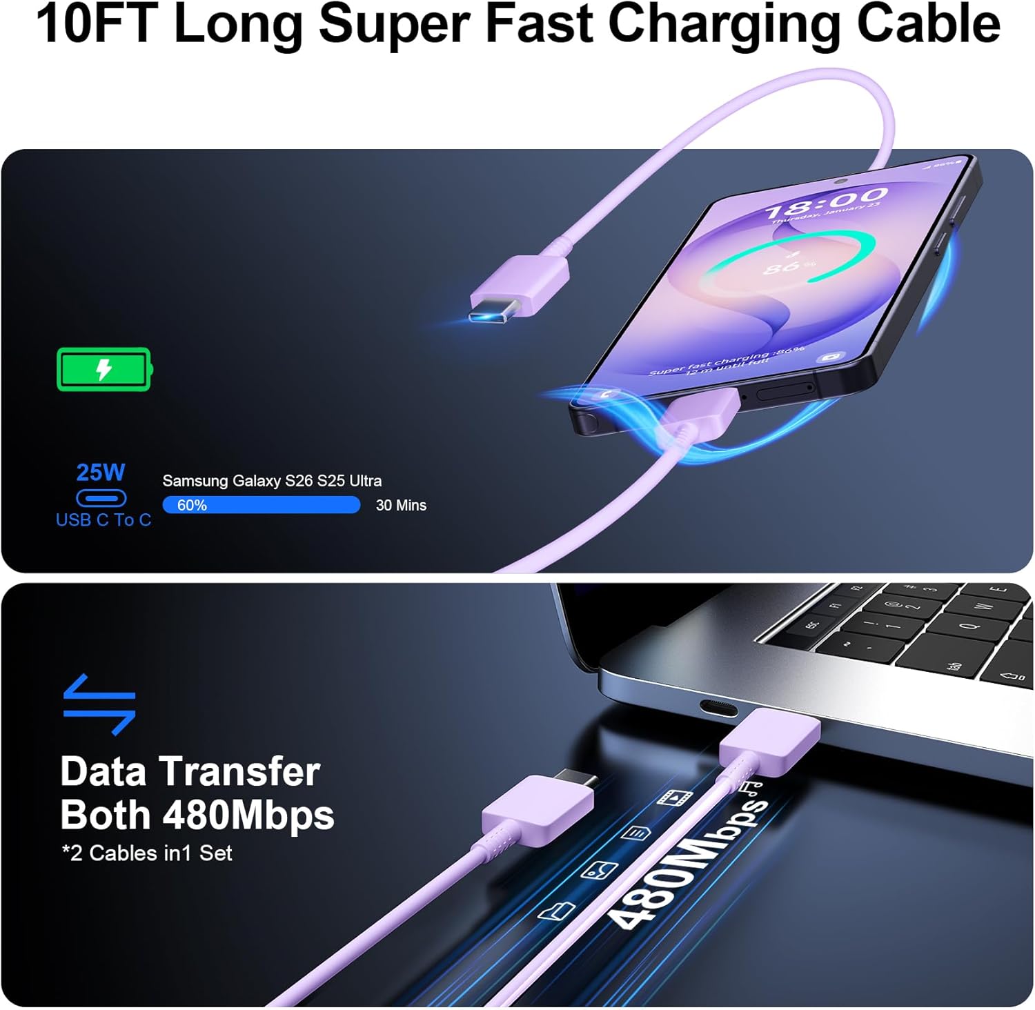 Thumbnail 4 de 25W USB-C Wall Charger Type C (2-Pack) with 10FT Cable for Samsung Galaxy S Series