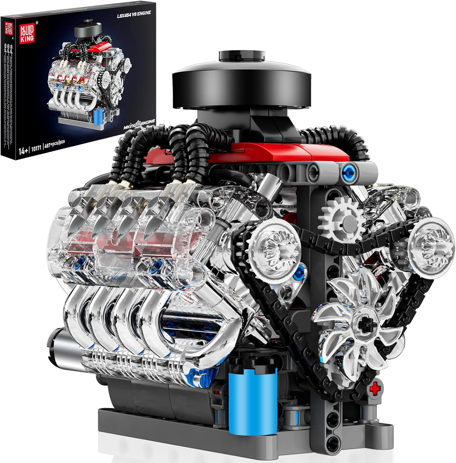 Detalle de Mould King 10171 Technik V8 Motor Bausatz (487 Teile) – LSX454 V-8 Engine Kit aus Klemmbausteinen