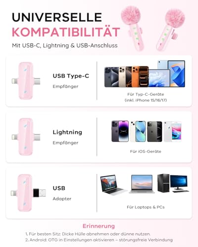 Detalle de Bayanbulu Kabelloses Lavalier-Mikrofon für iPhone, iPad und Android – Rosa